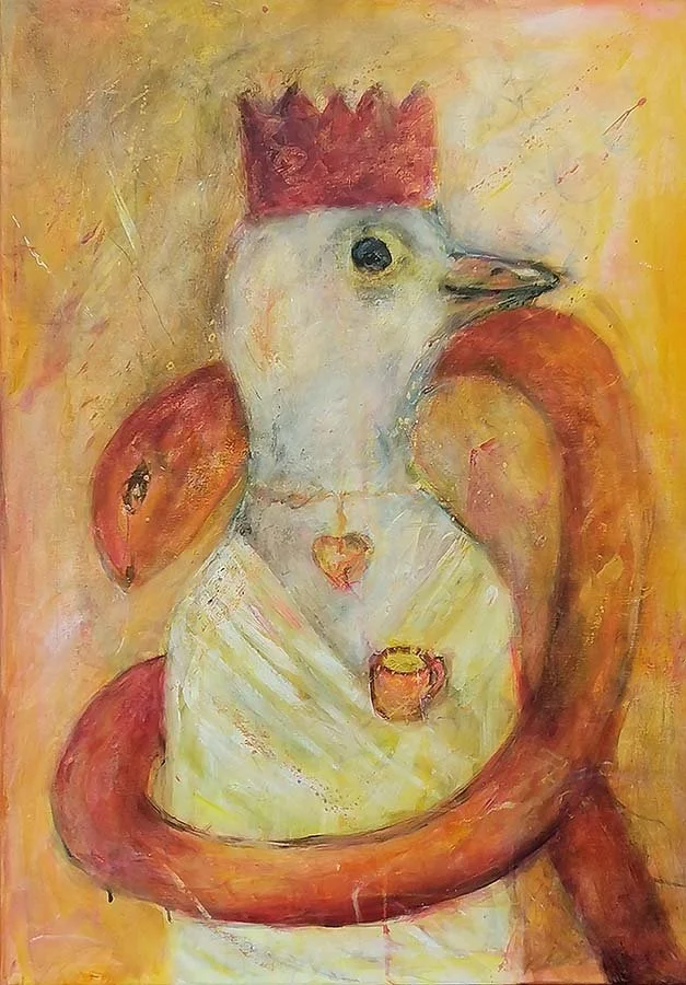 Painting of a bird with a crown, surrounded by a red snake with a teacup and a heart-shaped mark on its body, set against a yellow and pink background.
