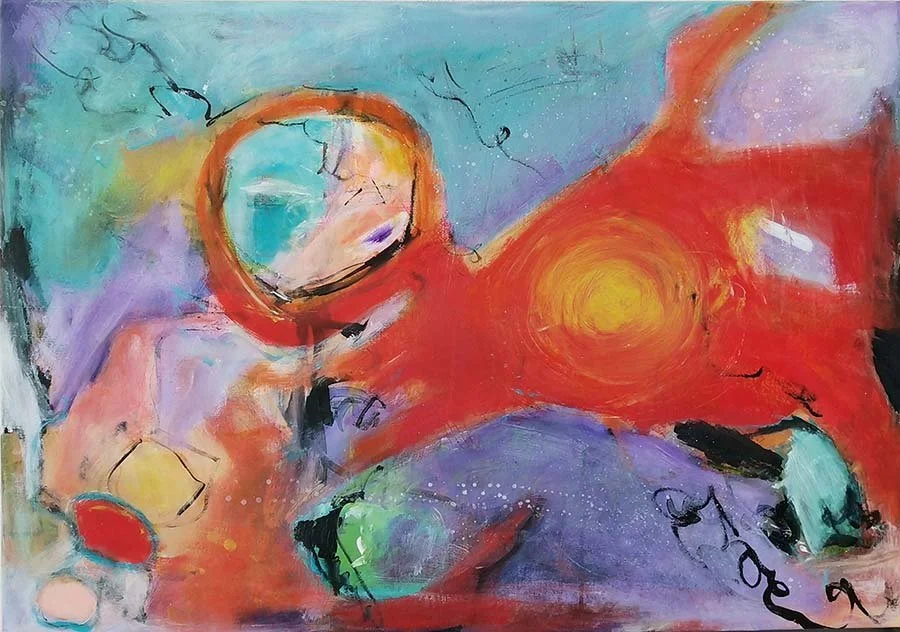 Abstract painting with vibrant colors, including red, orange, purple, blue, green, and black, featuring swirling shapes and brushstrokes.