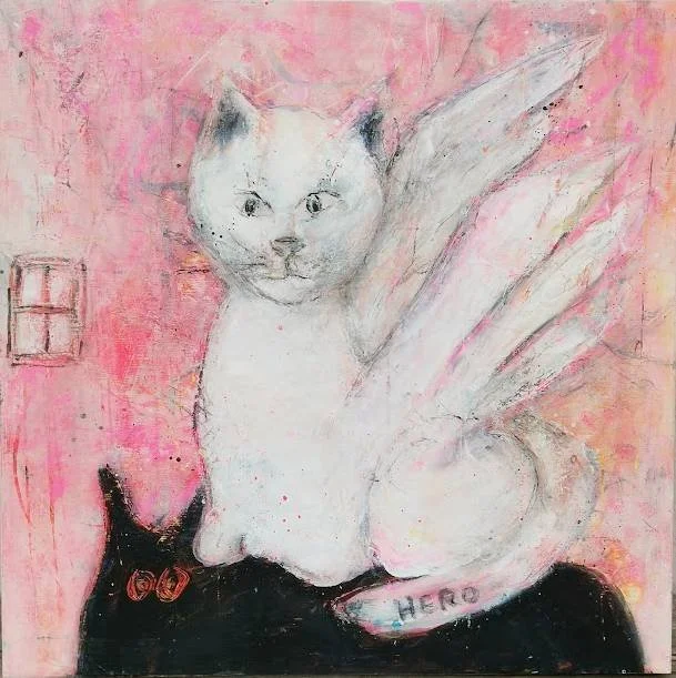 A painted picture of a white cat with wings sitting on a black cat, with a pink background.