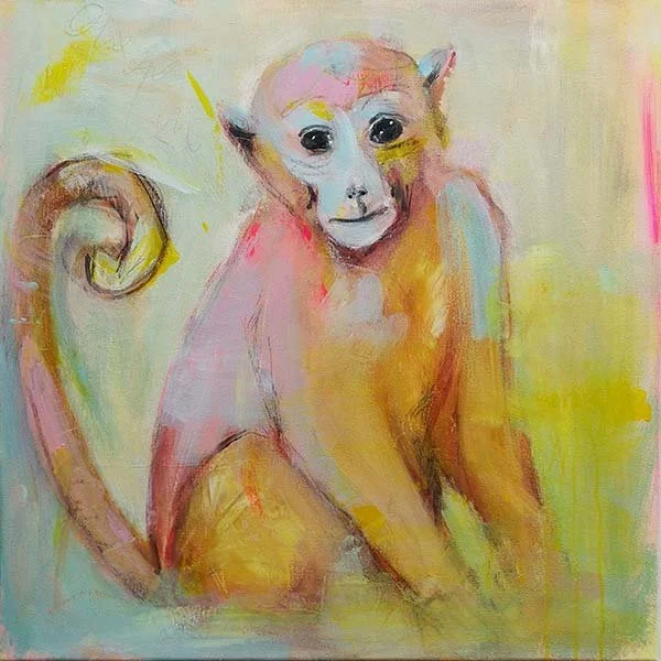 Painting of a hybrid creature with the body of a monkey and the face of a human baby, colorful background with pastel tones.
