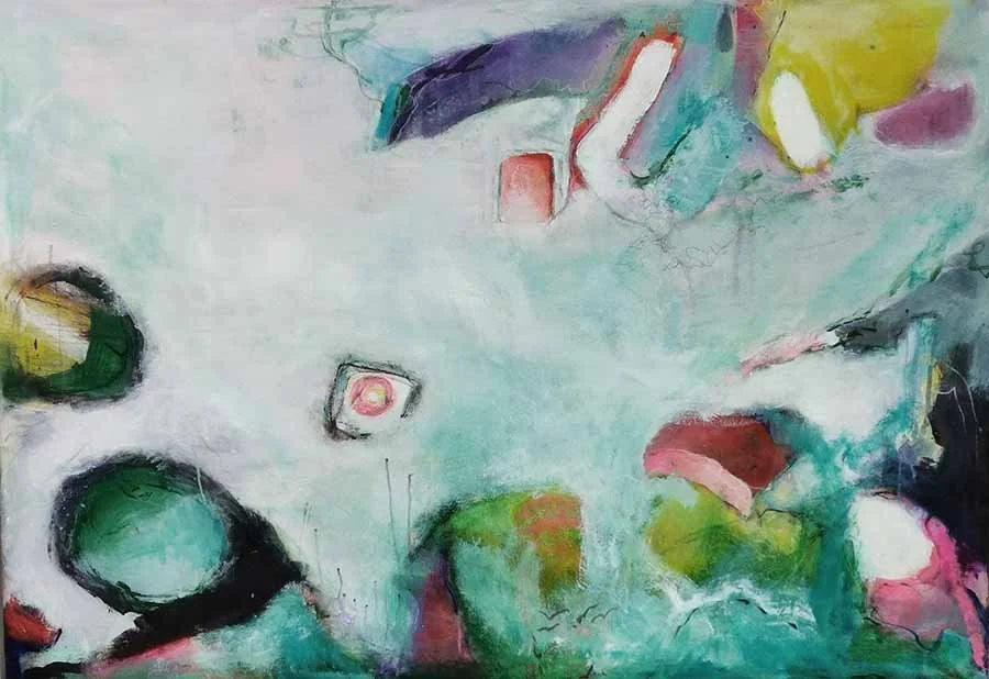 Abstract watercolor painting with vibrant colors, shapes, and brushstrokes, including areas of green, yellow, red, purple, and black.