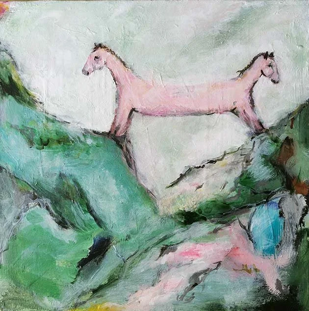 Abstract painting of  horse with two heads  standing on rocky terrain with green hills in the background.