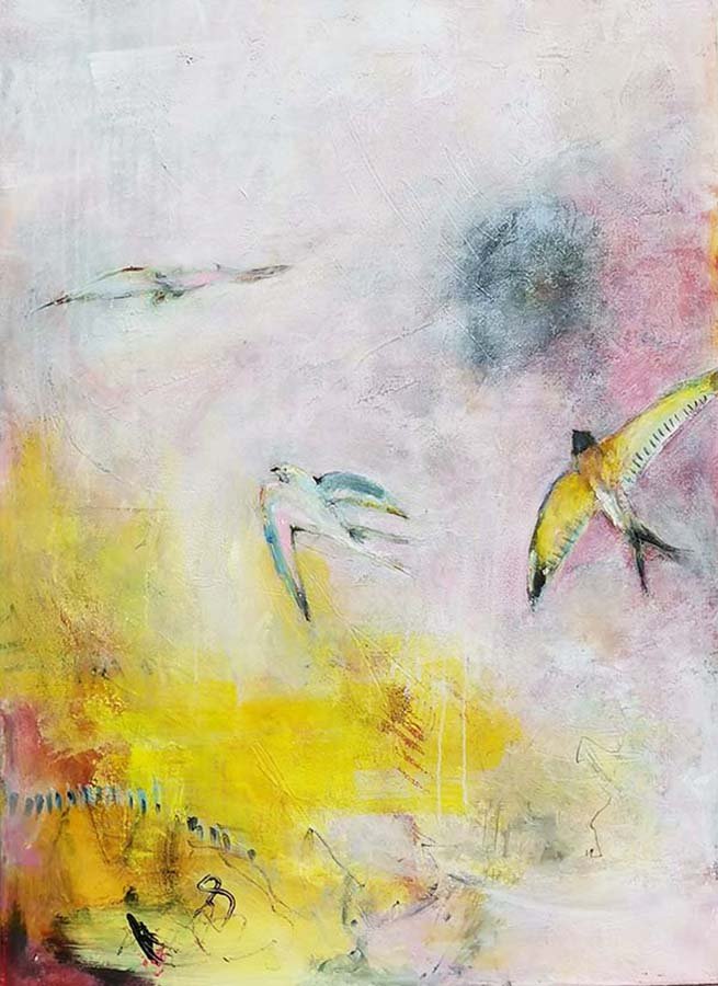 Abstract painting of birds flying against a pastel background in pink, yellow, and gray tones.