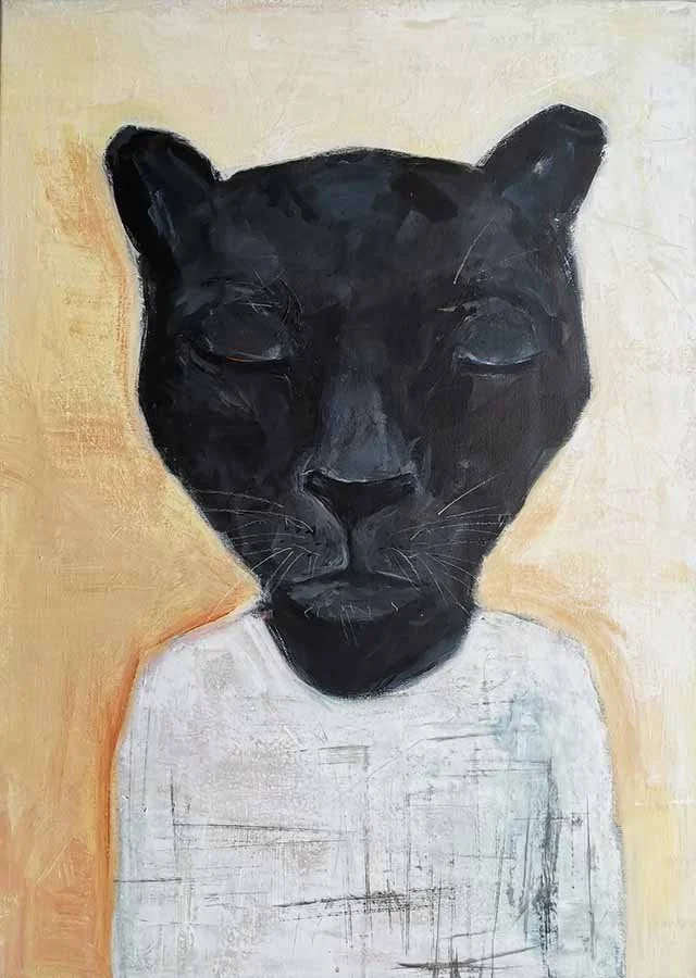 Painting of a black panther with a human body wearing a white shirt against a beige background.