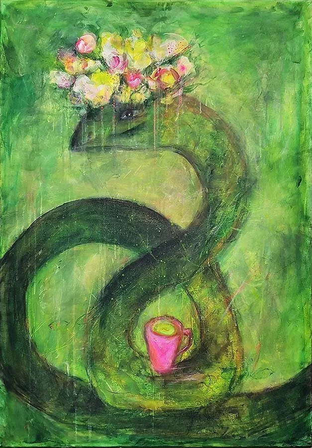 A vibrant impressionist painting of a still life scene with a bouquet of pink and white flowers in a black vase, a pink teacup, and a yellow dish on a green background.