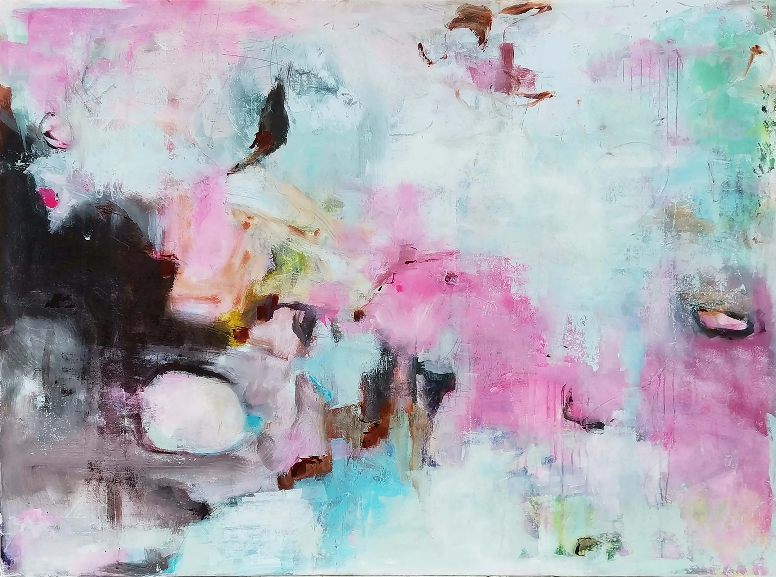 Abstract impressionist painting with bright pastel colors, pinks, blues, greens, and blacks, with various brushstrokes and textures.