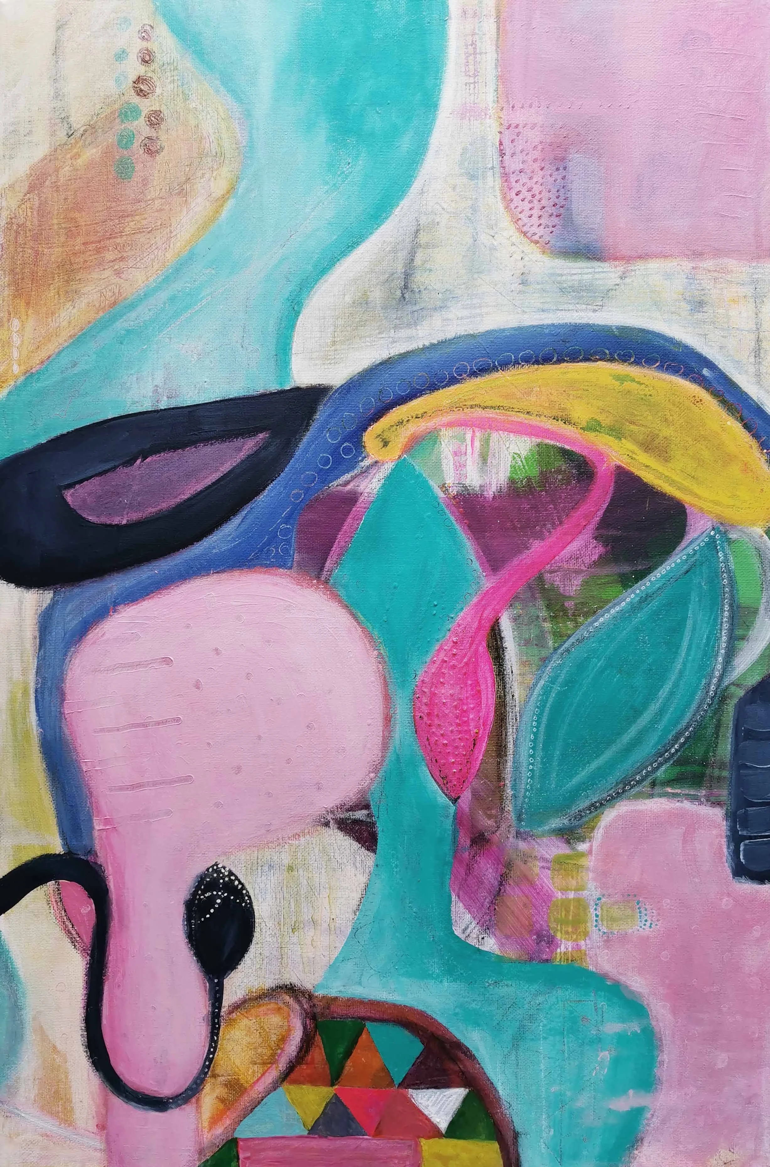 Abstract colorful painting with shapes such as circles, ovals, triangles, and wavy lines in shades of pink, blue, yellow, black, and green.