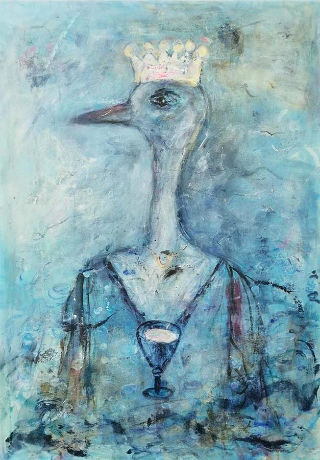 A surreal painting of a bird with a human body, wearing a crown and a wine glass necklace, against a blue textured background.