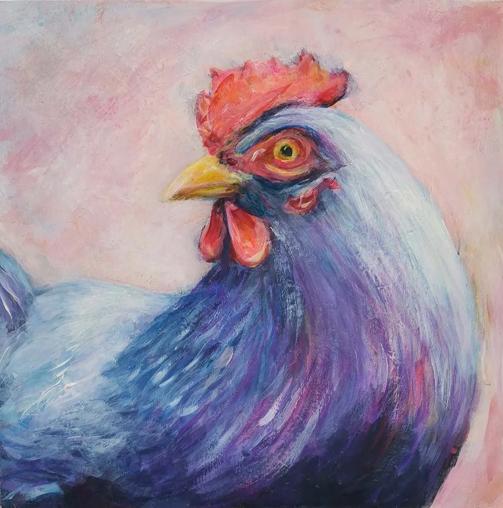 Colorful painting of a chicken with purple and blue feathers, red comb, and yellow beak against a pink background.