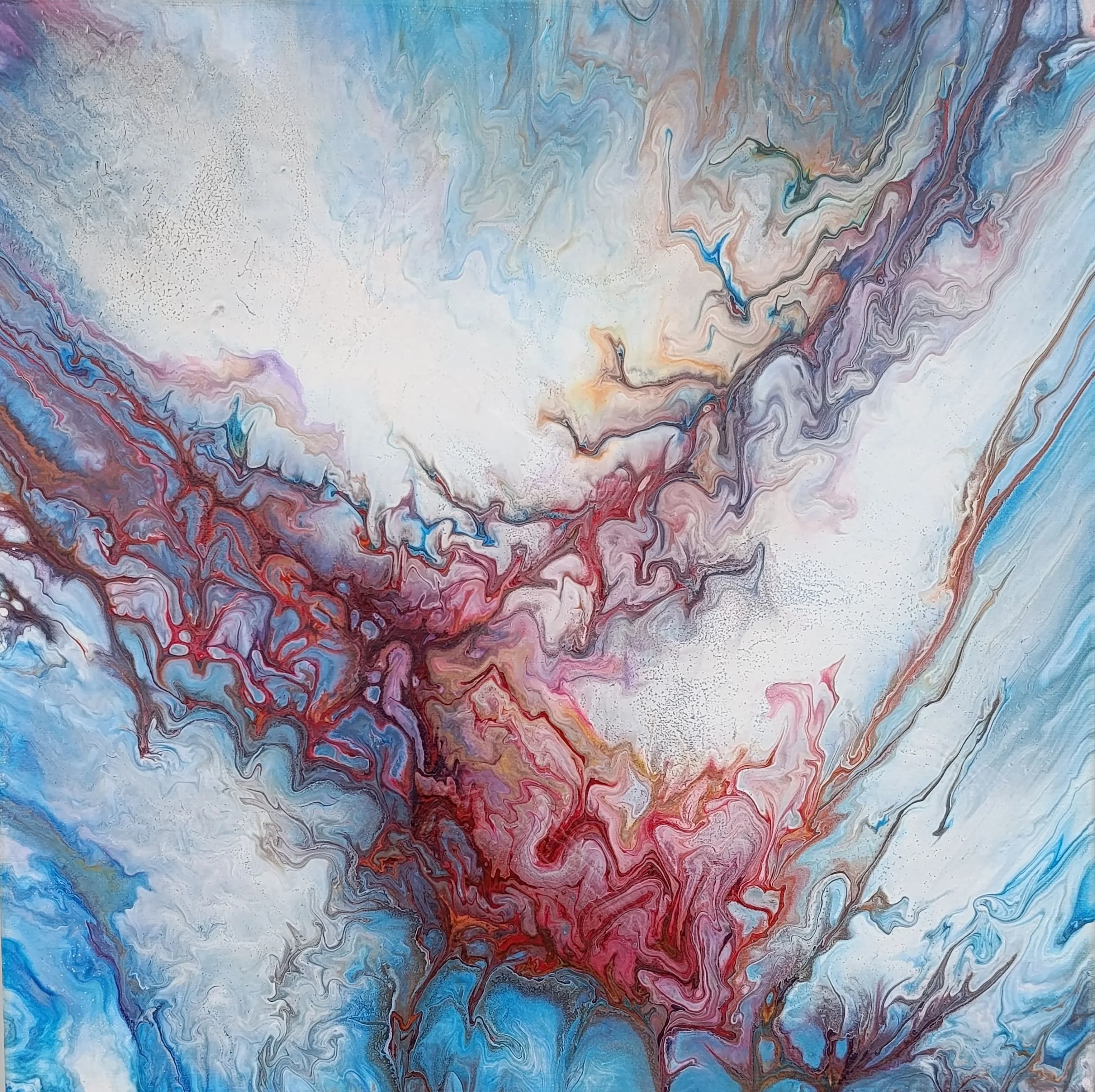 Colorful abstract painting with flowing swirls of blue, red, purple, and white paint.