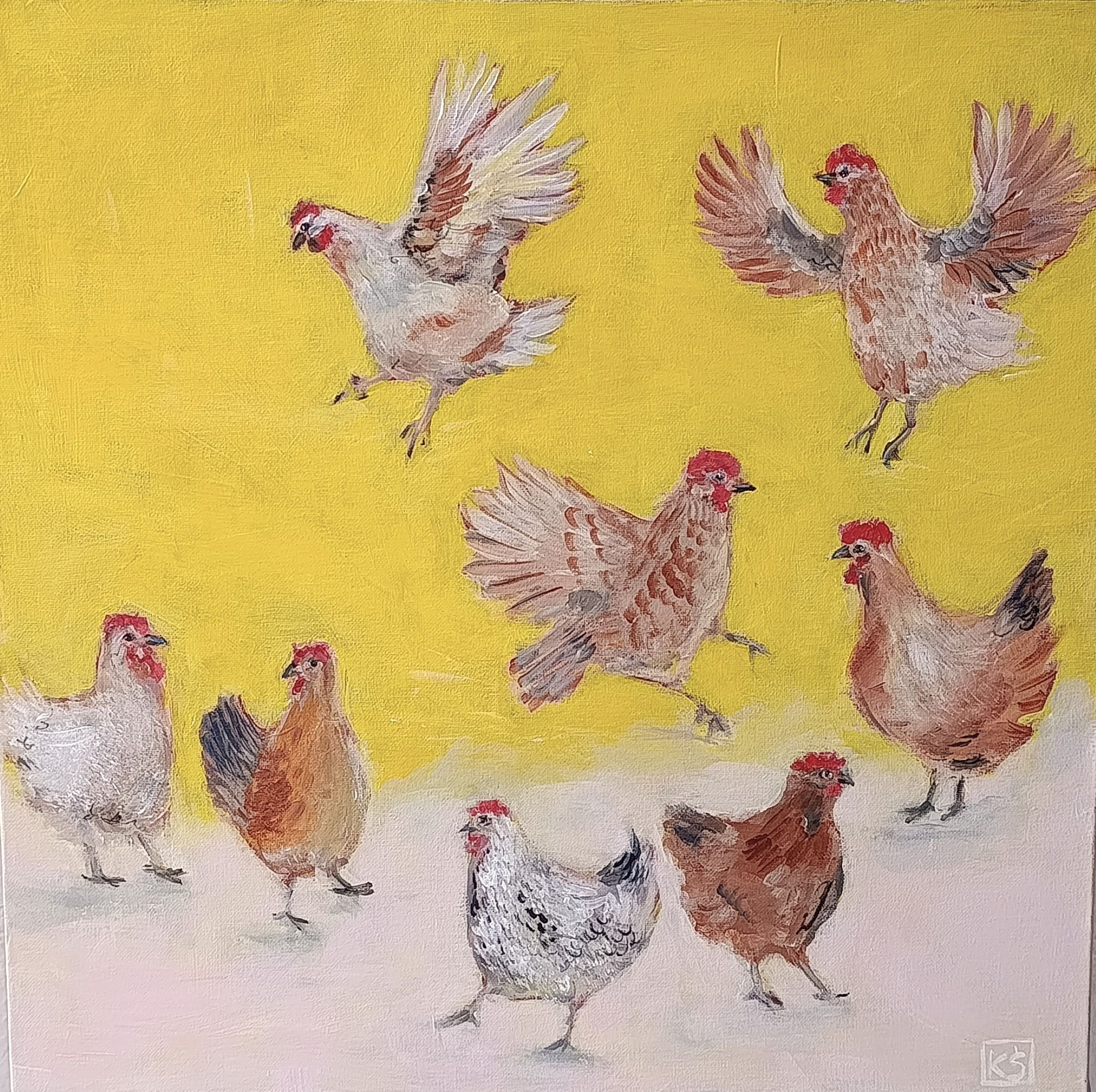 Original acrylic painting: Girls just wanna dancechickens flying and running on a bright yellow background, modern contemporary style, 50x50cm stretched canvas.