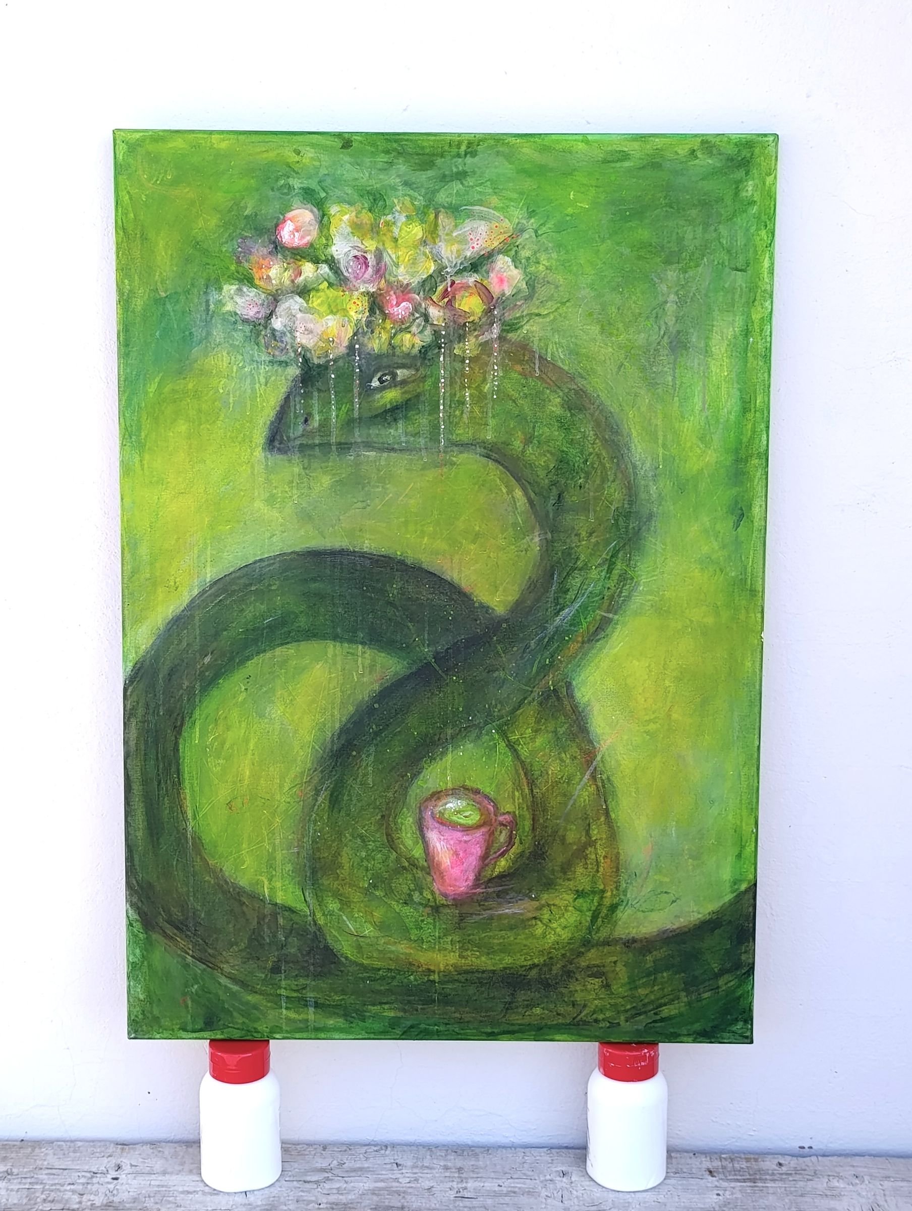 Original 70x100 cm green and gold painting Hope by Kasia Ślusarczyk. Part of the Faith, Hope, and Love trilogy. Symbolic and textured. Ships rolled.