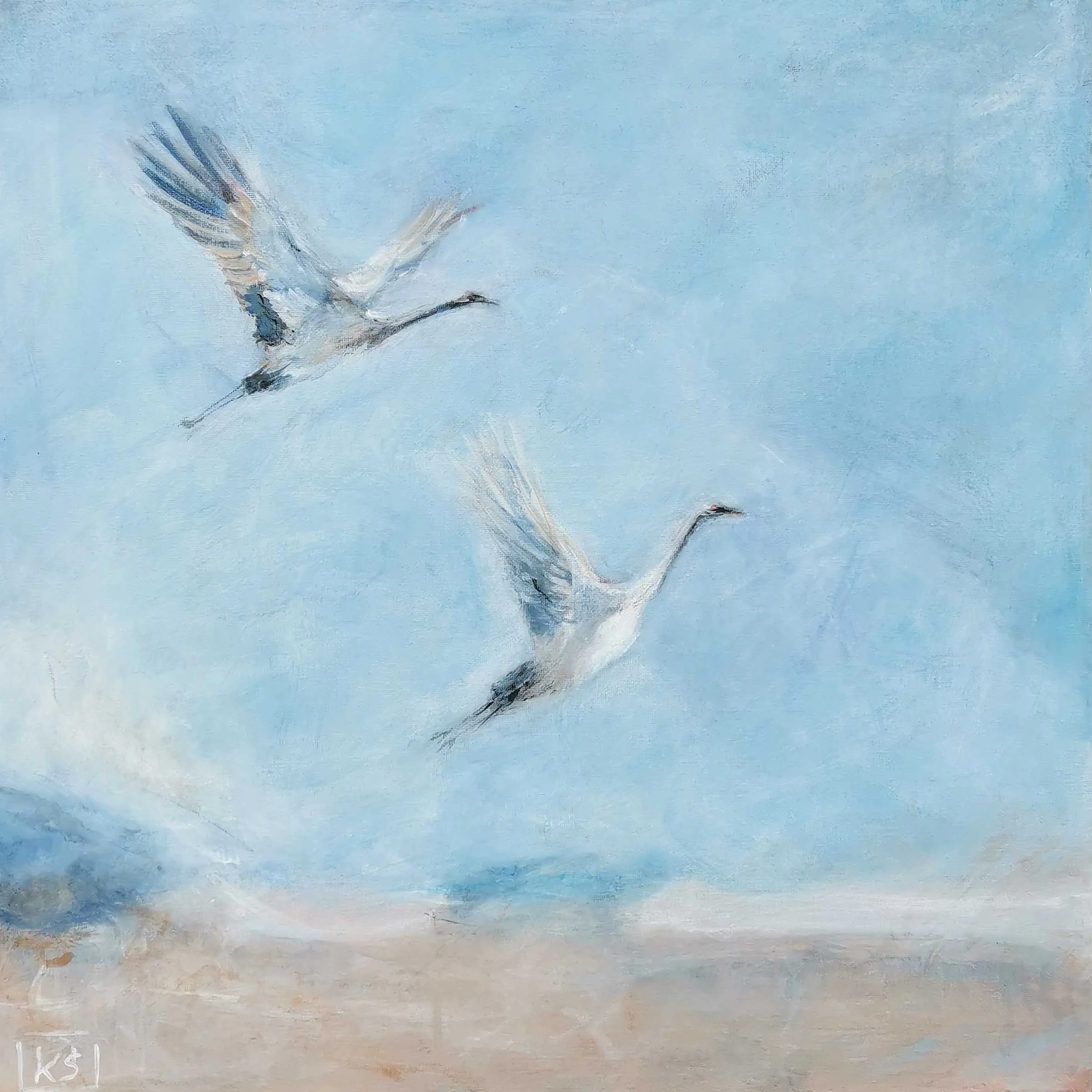 Hand-painted original artwork Better together: two white cranes flying in a blue sky, modern minimalist abstract style, 50x50cm canvas.