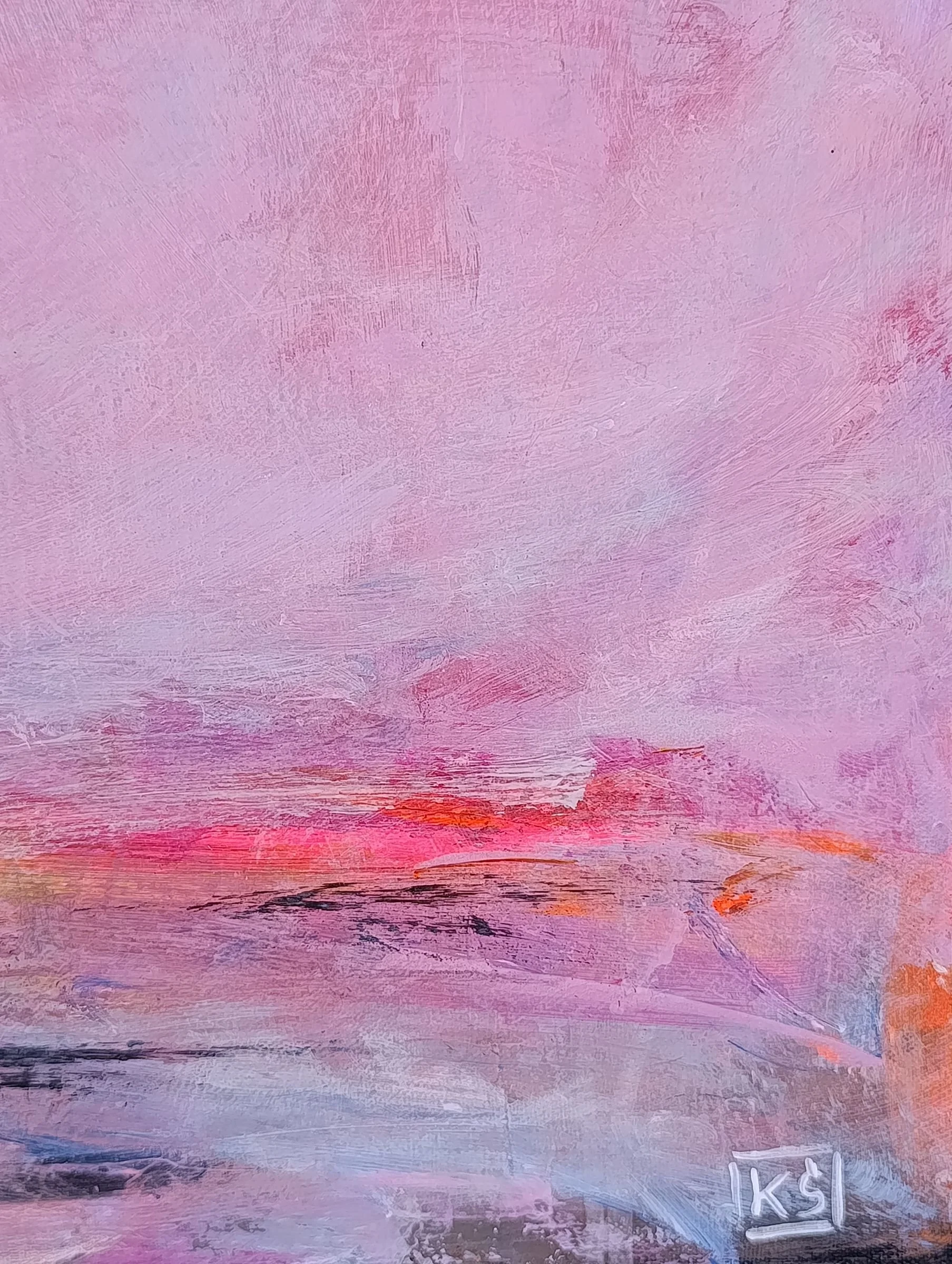 Vertical pink abstract painting Love Finds a Way by Kasia Slusarczyk. Dynamic pink and red strokes on a light background.