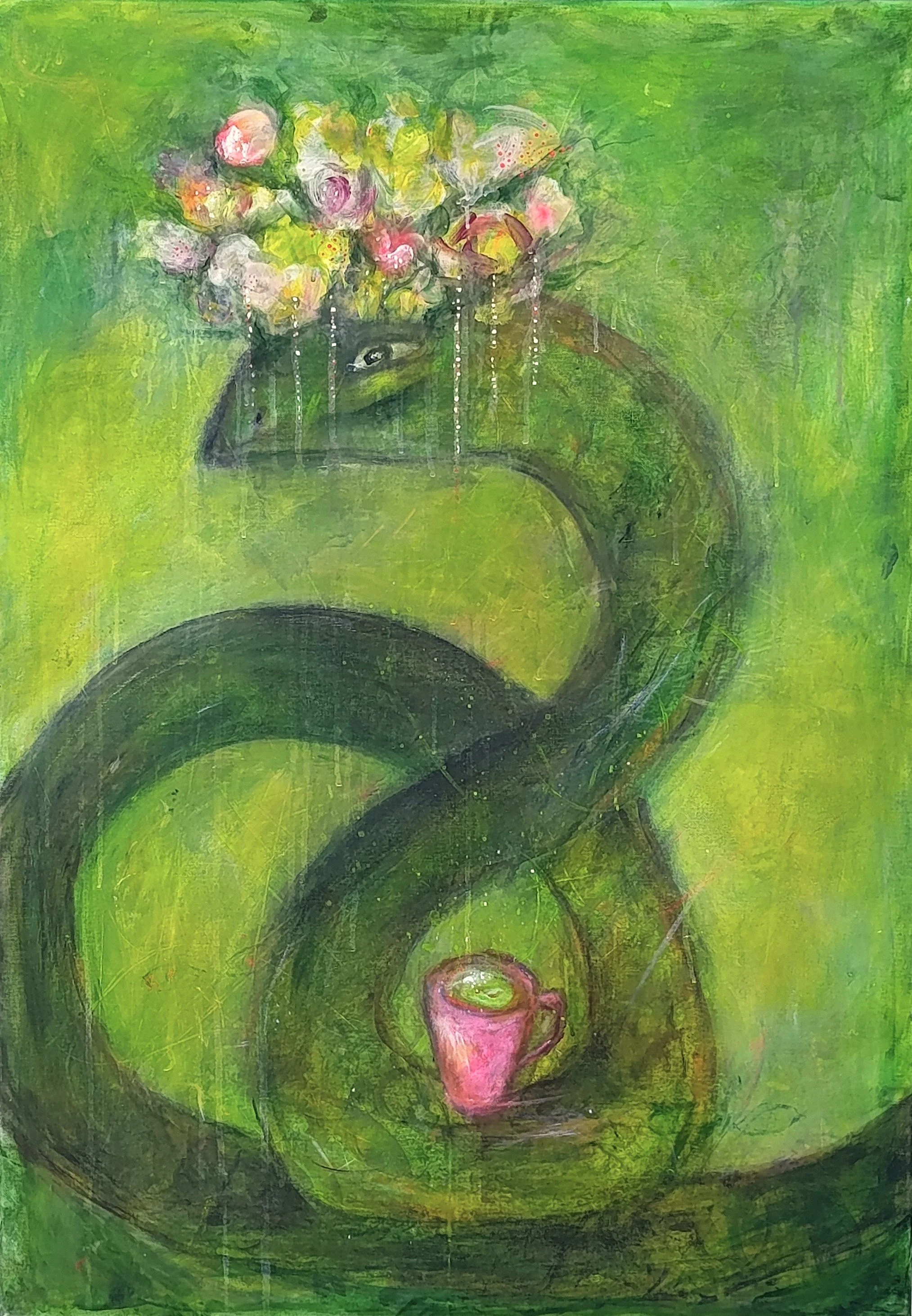 Symbolic painting The Cup of Hope by Kasia Ślusarczyk. A crowned snake with a floral wreath and a vessel symbol on a textured green background. 70x100 cm.