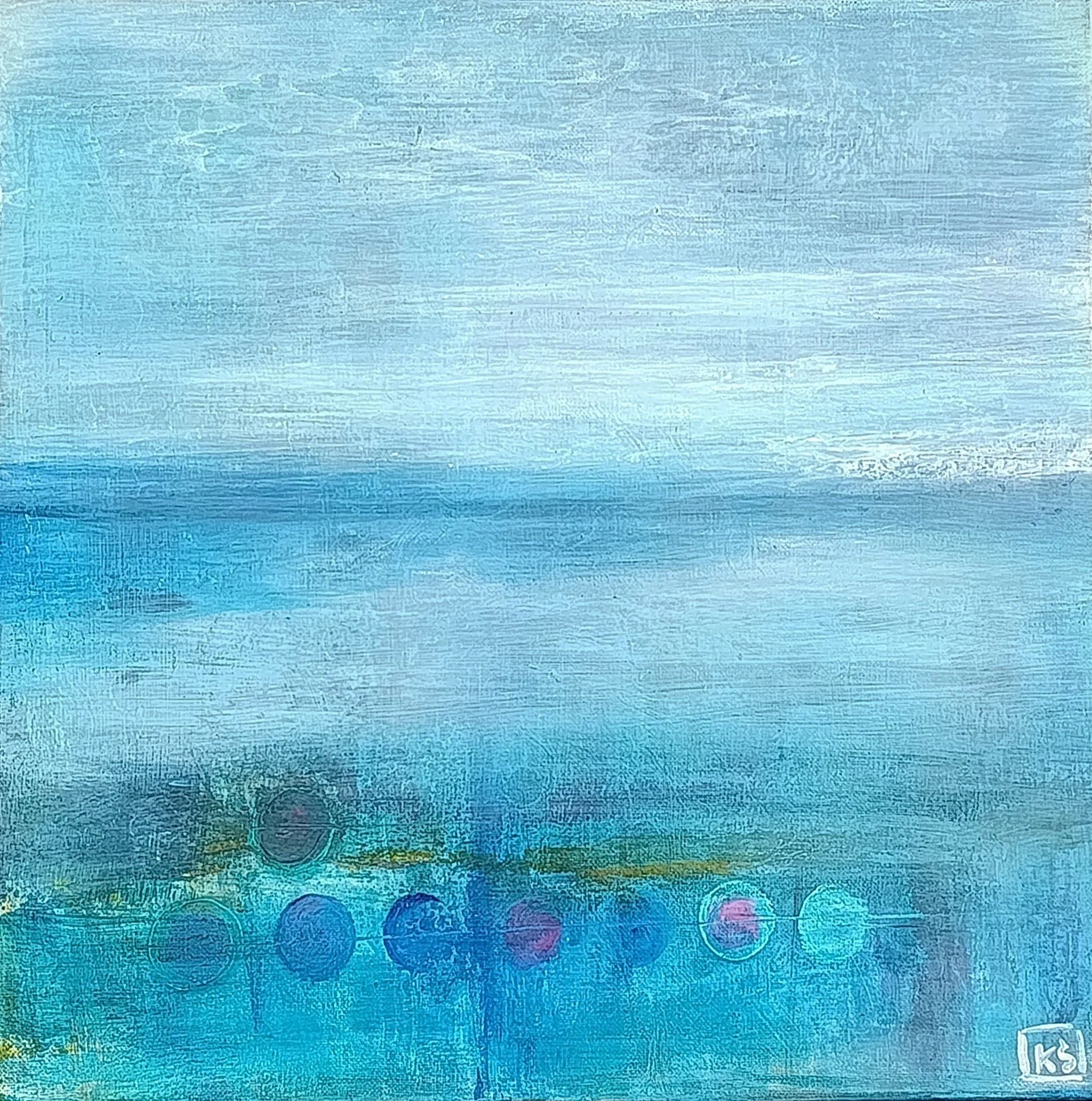 The Horizon Keepers – Original intuitive blue abstract painting with rhythmic textured points, 40x40 cm.