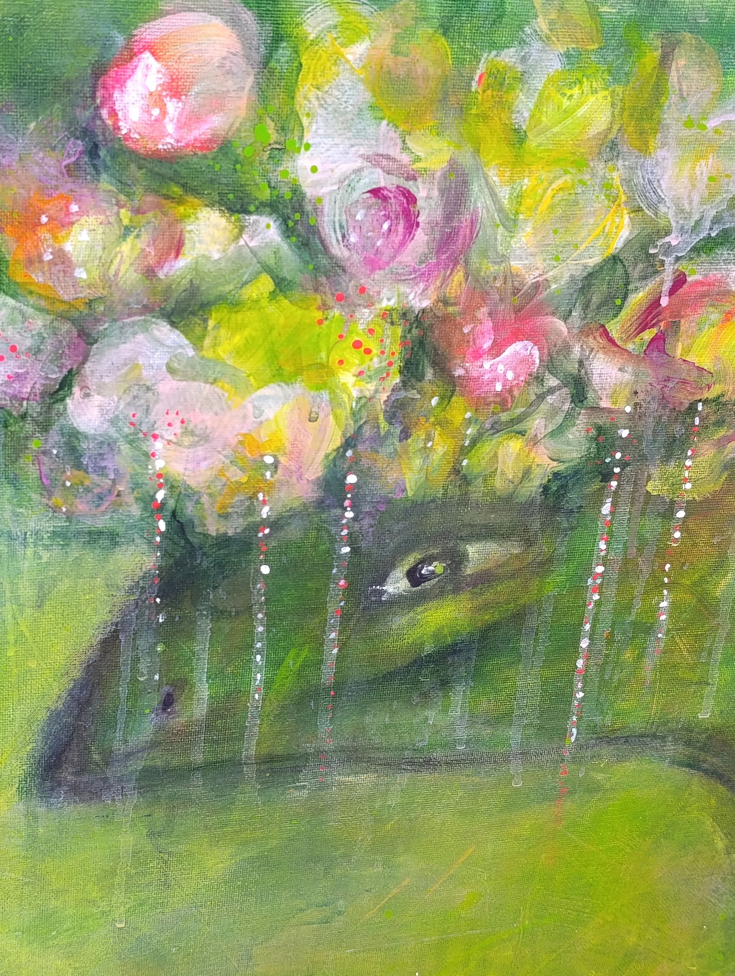 Detailed texture of emerald green and gold leaf in The Cup of Hope by Kasia Ślusarczyk.