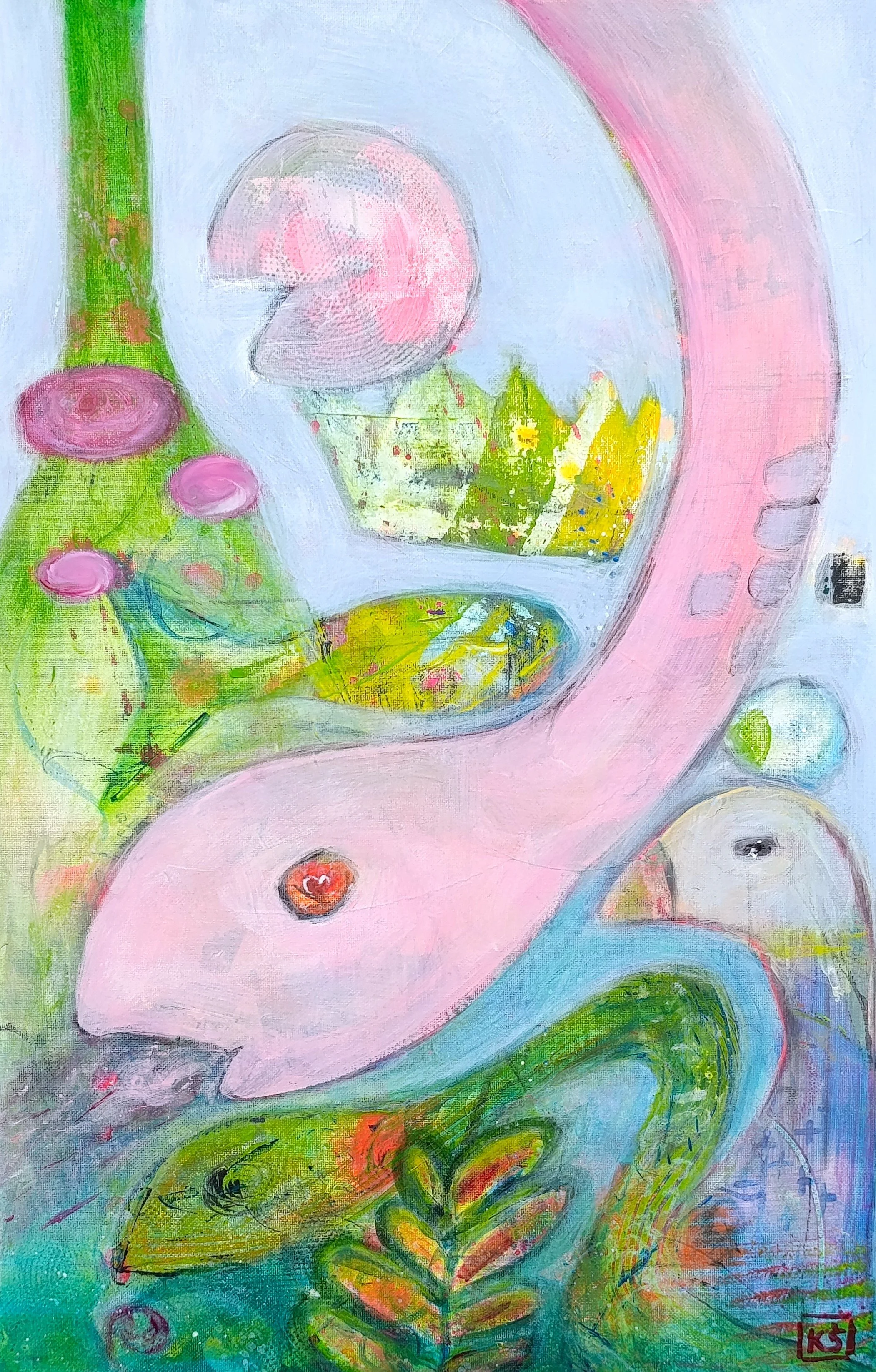 Dream Garden – Original surreal abstract painting on 40x60 cm canvas, featuring mythical figures and organic green and pink forms.