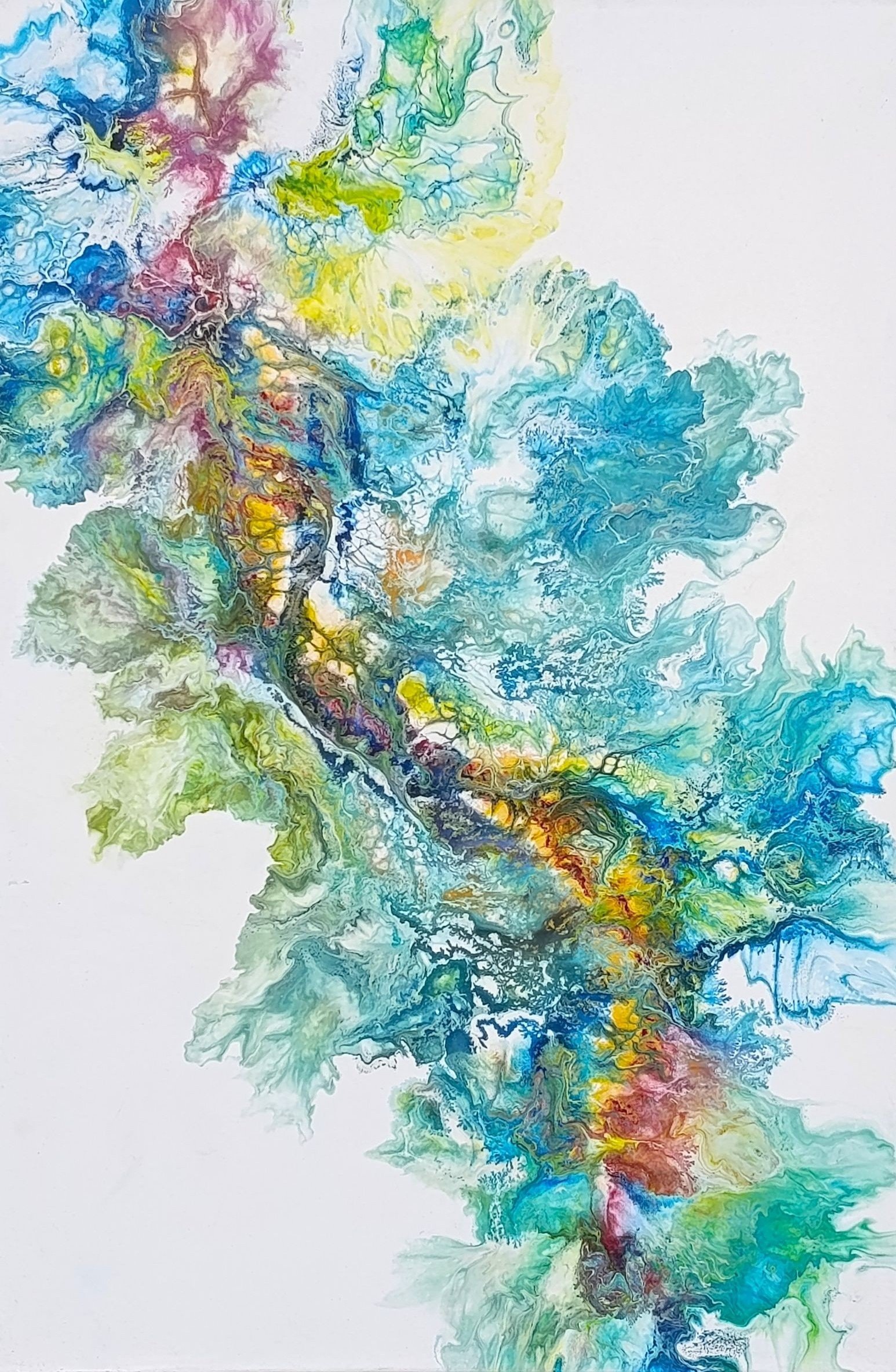 Rainbow Dragon – Original colorful abstract painting with gold accents, adaptable for vertical or horizontal display.