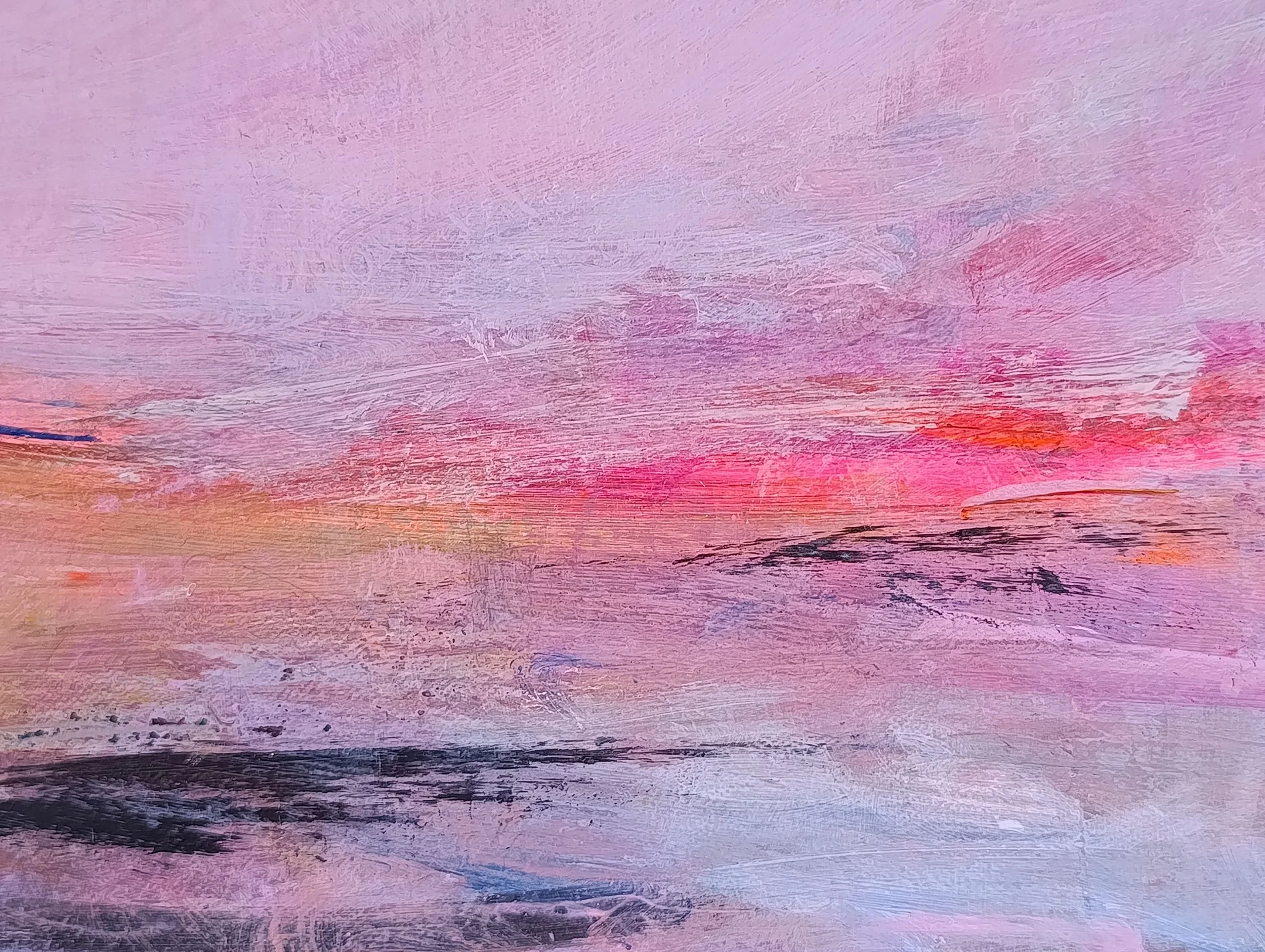 Detail of pink abstract art Love Finds a Way by Kasia Slusarczyk. Close-up of expressive pink paint texture.