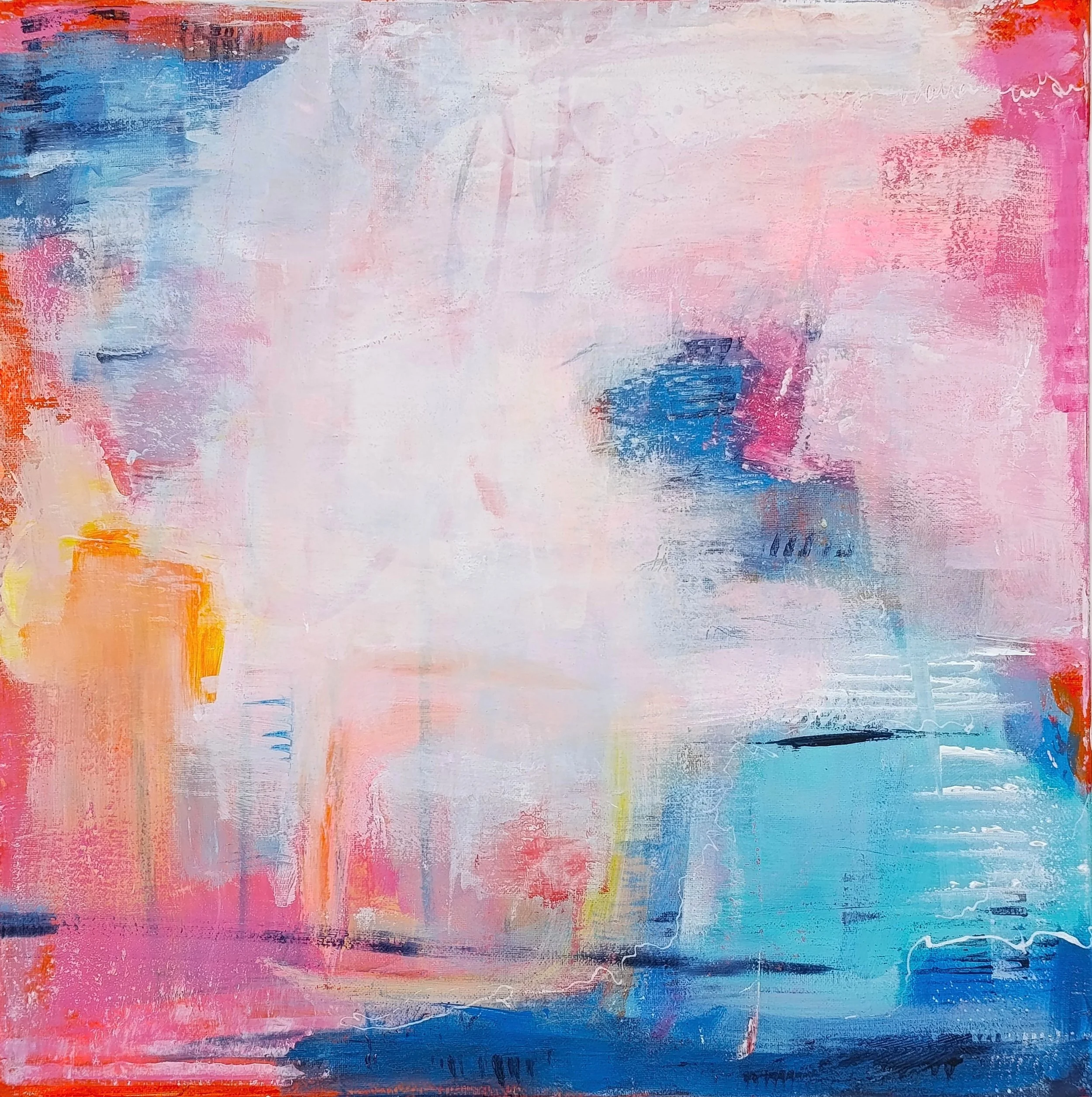 Joy & Glow – Original mixed media abstract, 50x50 cm. Vibrant textures and colors extending to the painted edges.