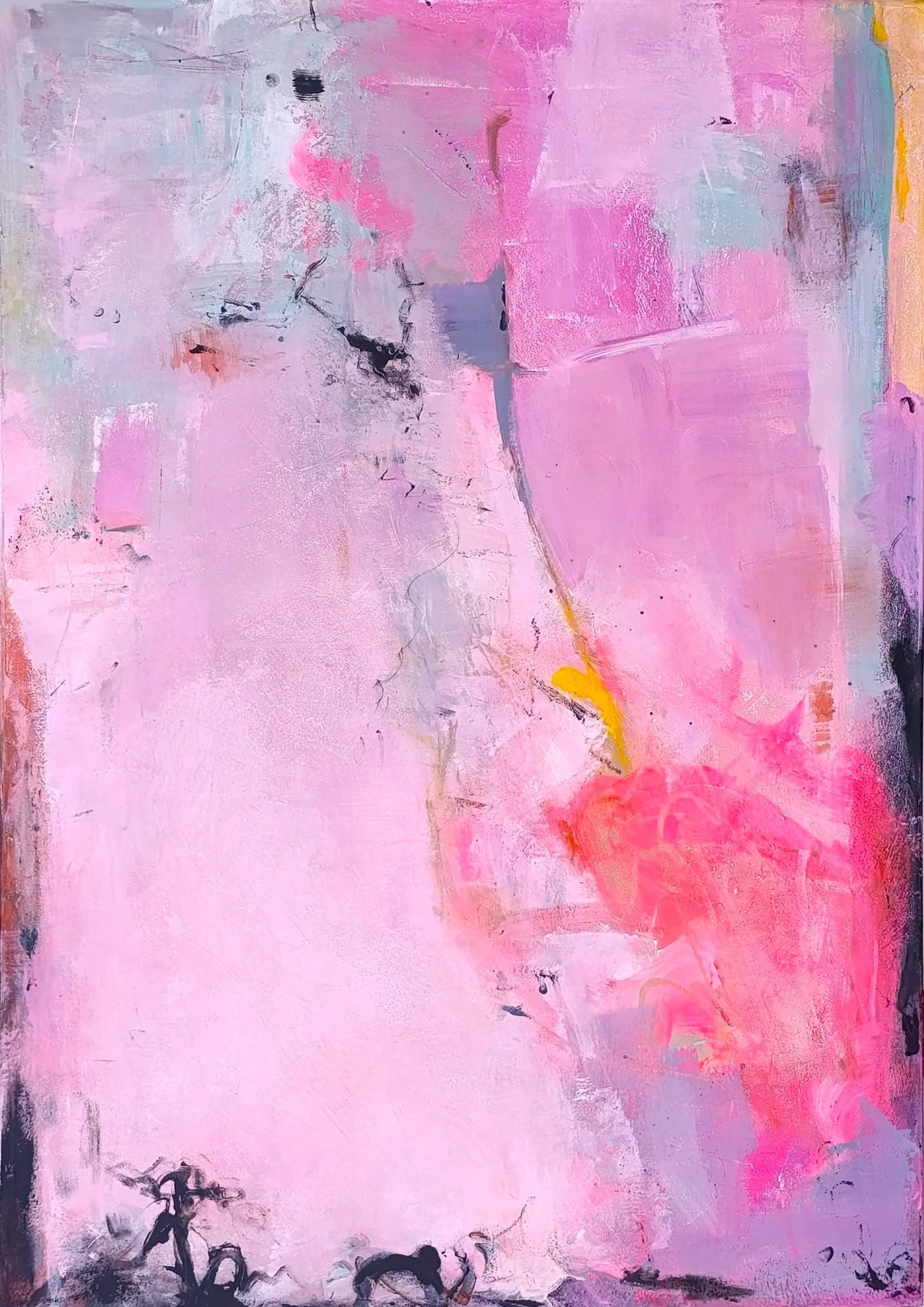 Pink abstract painting Shades of Love by Kasia Slusarczyk. Rich multi-layered artwork with vibrant pink textures and a yellow accent.