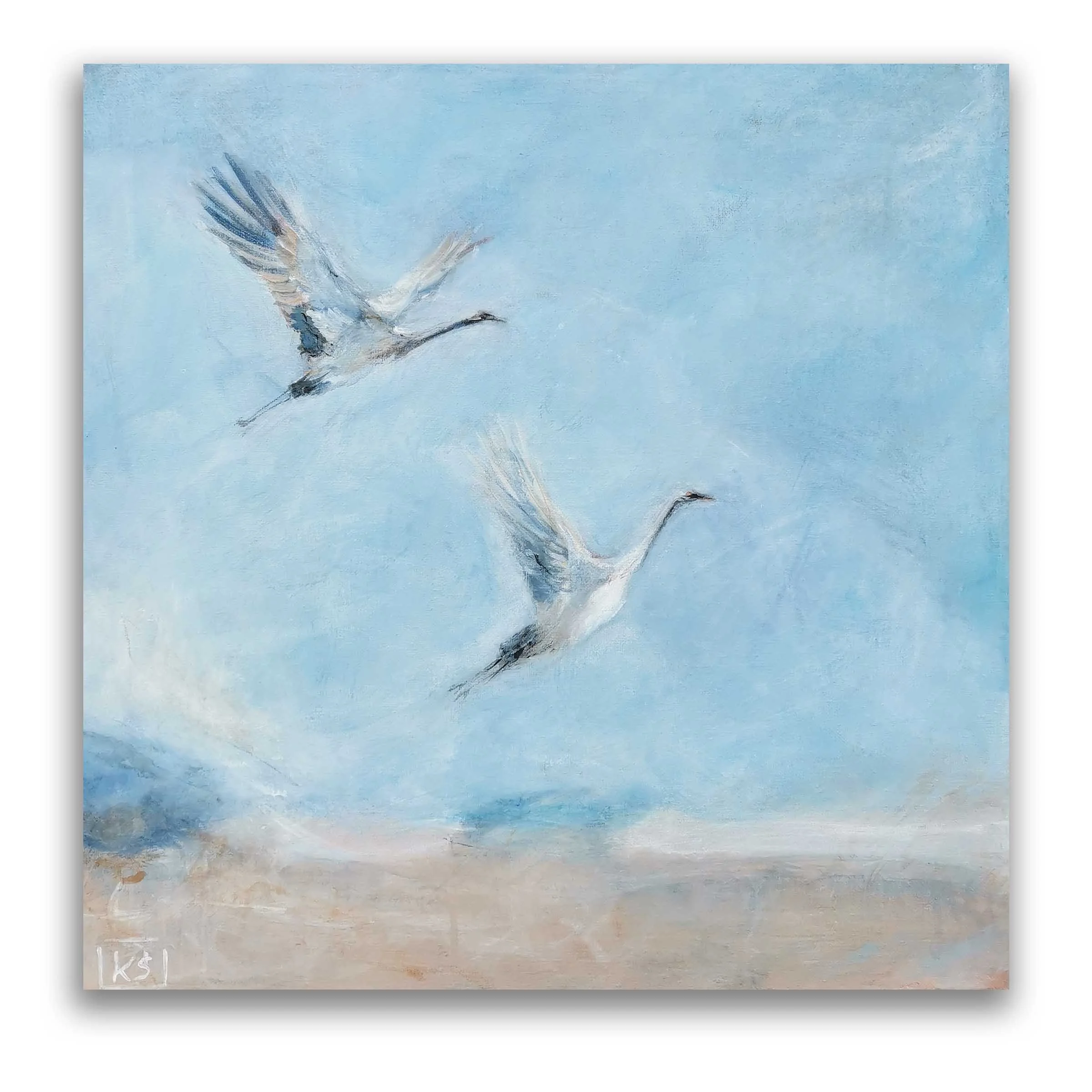 Shop "Serene Harmony" – a unique, original painting of two cranes. Modern blue abstract bird art on a 50x50 canvas. Gallery quality, worldwide shipping. Elevate your interior today.