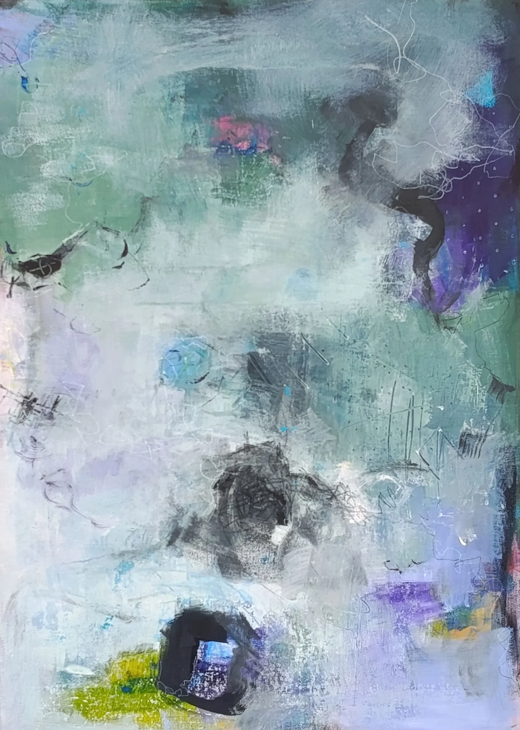 Bloom & Frost – Original intuitive abstract painting with cool grey tones and vibrant pink accents.