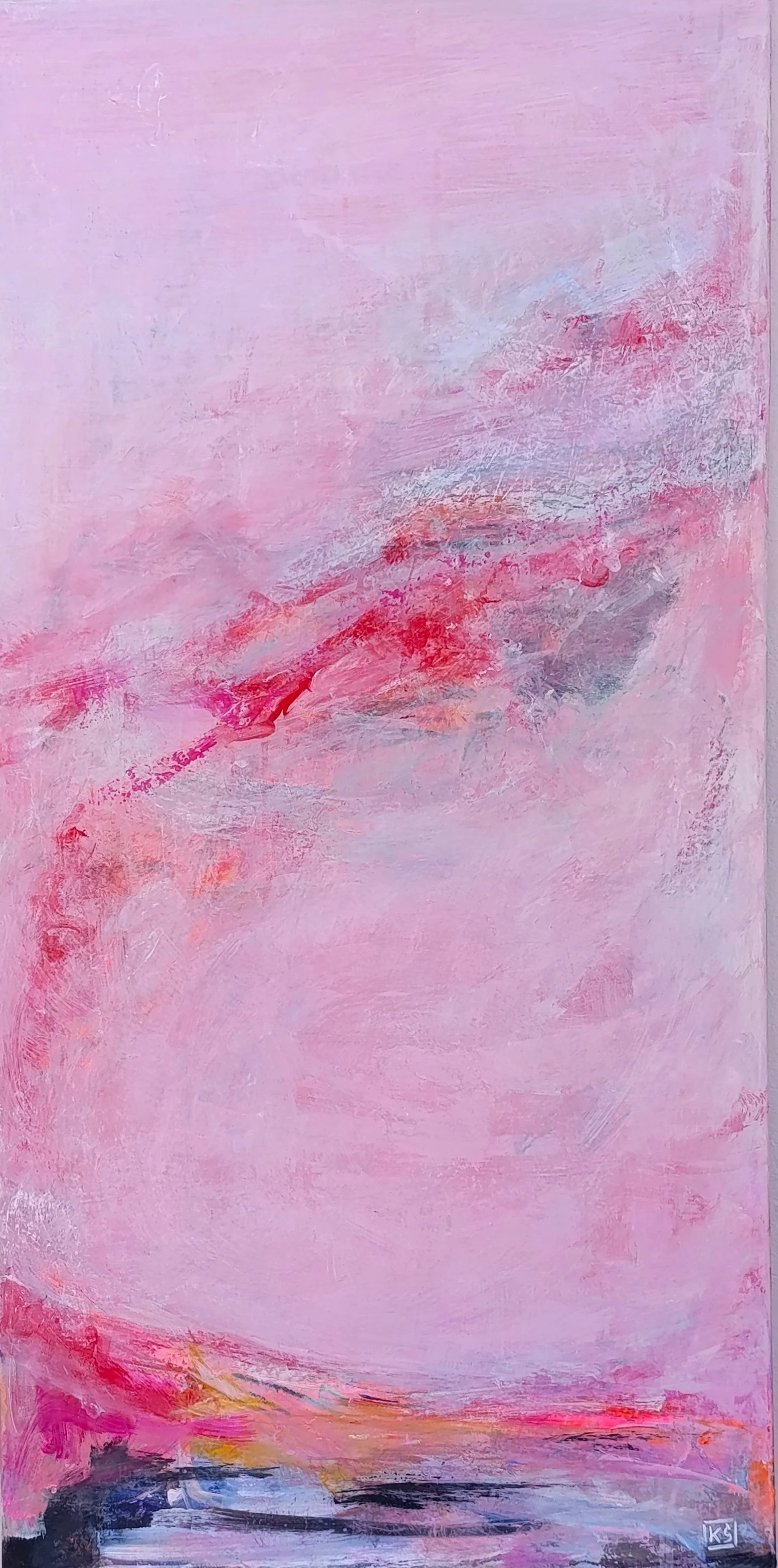 Original vertical abstract statement piece Love Finds a Way by Kasia Ślusarczyk. Composition with energetic pink and red strokes on a light, calming background. 50x100 cm.