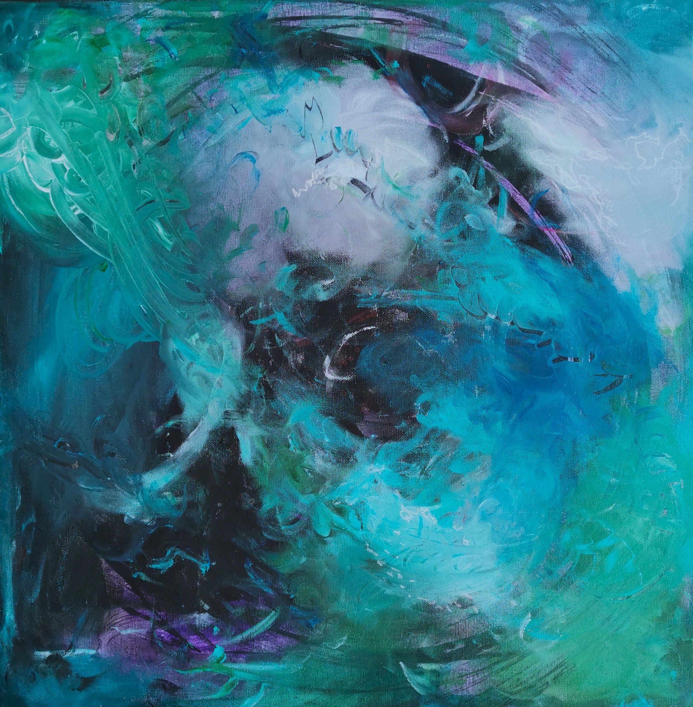 Original 50x50 cm textured abstract painting, In the Arms of the Unknown, hand-painted with teal and amethyst tones for luxury home decor.