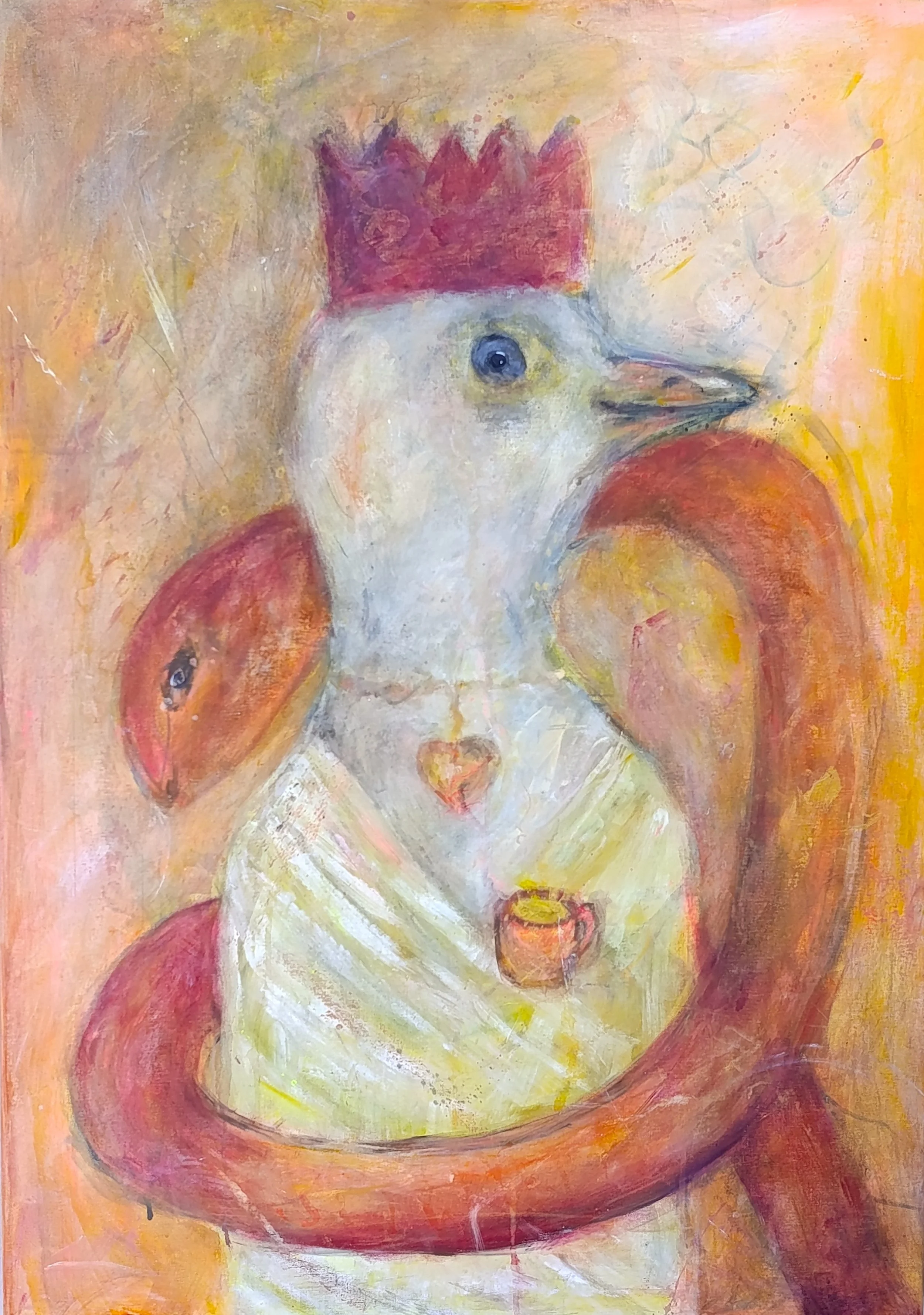 Symbolic painting The Cup of Faith by Kasia Ślusarczyk. A white bird with a crown and a vessel symbol on an ochre and white layered background. 70x100 cm.