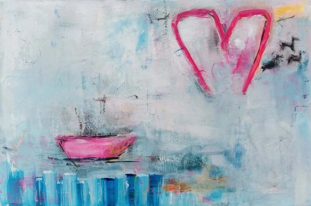 Original abstract painting Song of the Sea by Kasia Ślusarczyk. Features a neon pink boat and heart outline on a textured light blue and white background. 60 x 40 cm.