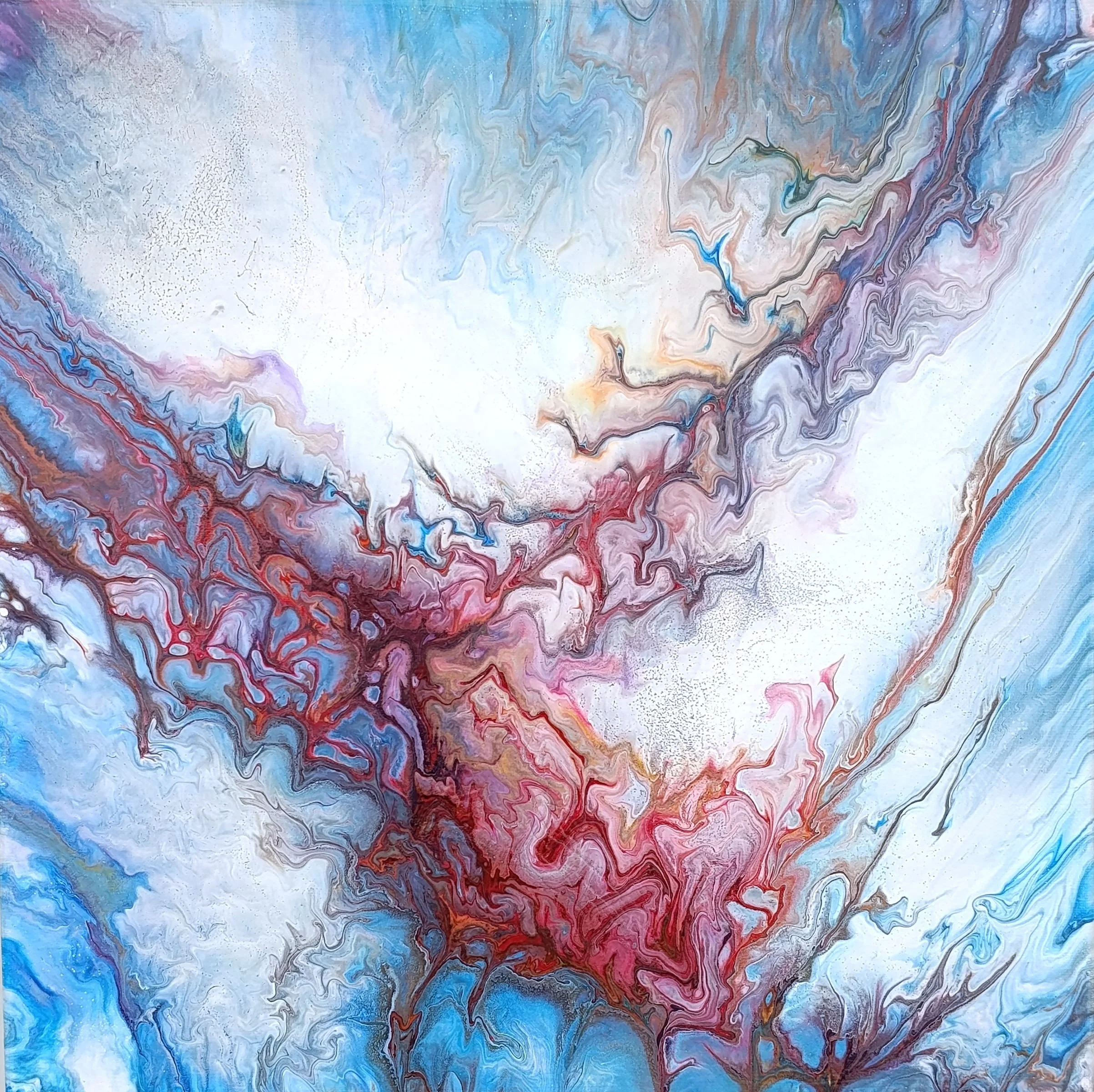 Creation Process – Original expressive mixed media painting of merging energies and the dramatic moment of creation, 30x30 cm.
