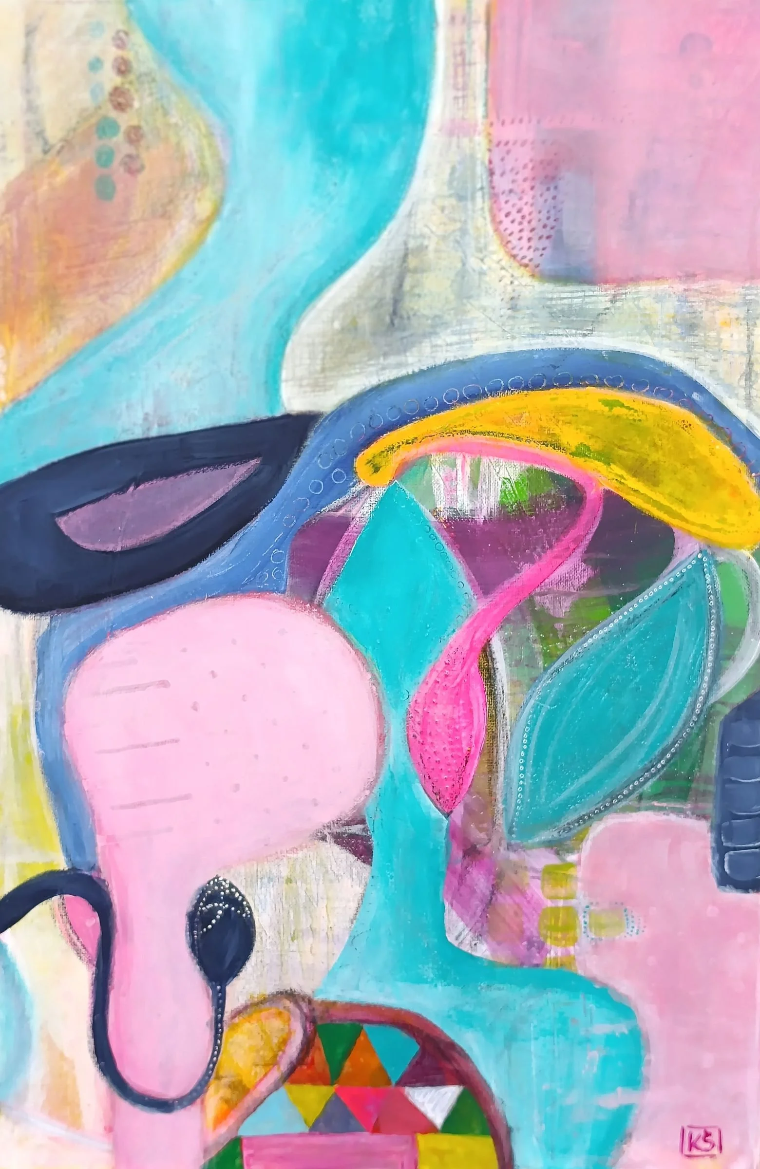 Ancient Echoes – Original mixed media abstract painting with layers of texture, organic forms, and symbolic figurative elements on a 40x60 cm canvas.