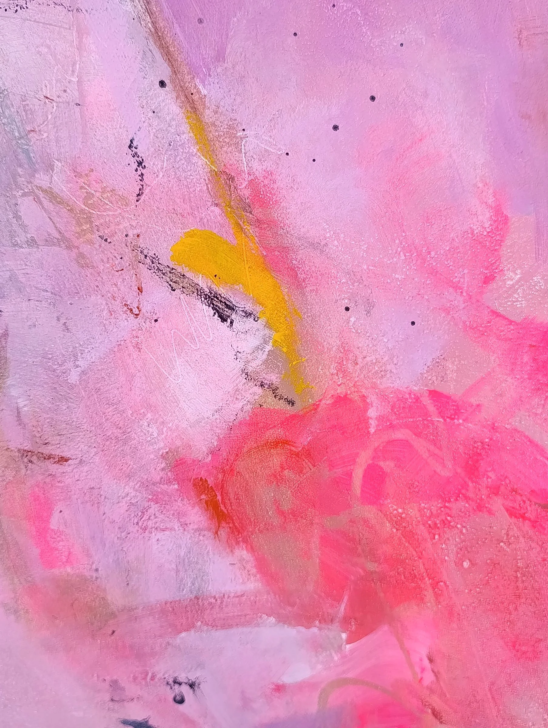 Detail of pink abstract art Shades of Love by Kasia Slusarczyk. Close-up of rich layers, neon pink, and dark paint strokes.
