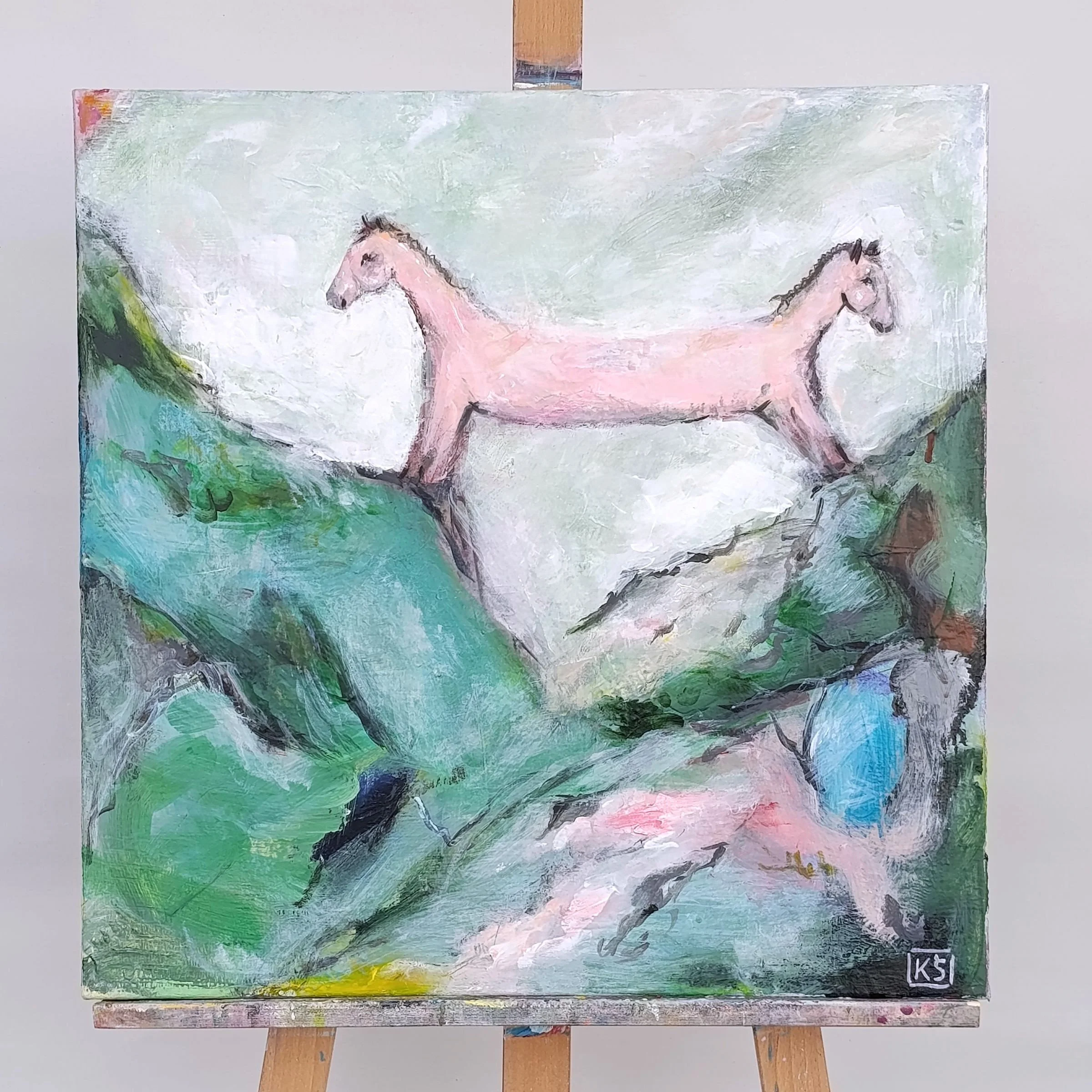 Two Directions – Original expressive mixed media painting of a two-headed horse connecting opposite directions