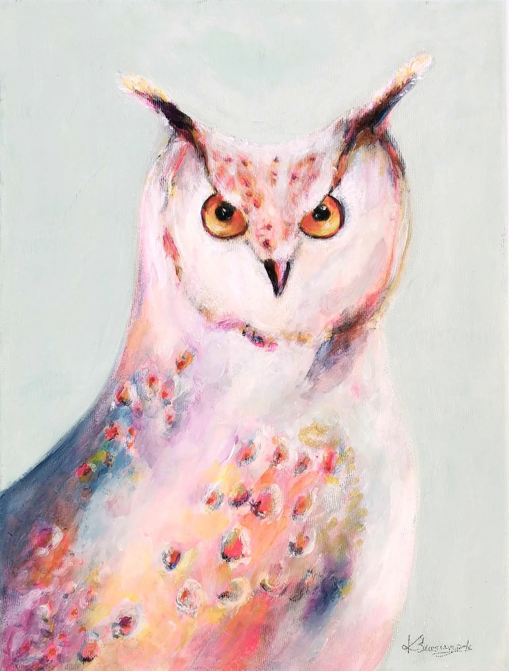 Abstract colorful owl art detail with vibrant brushwork