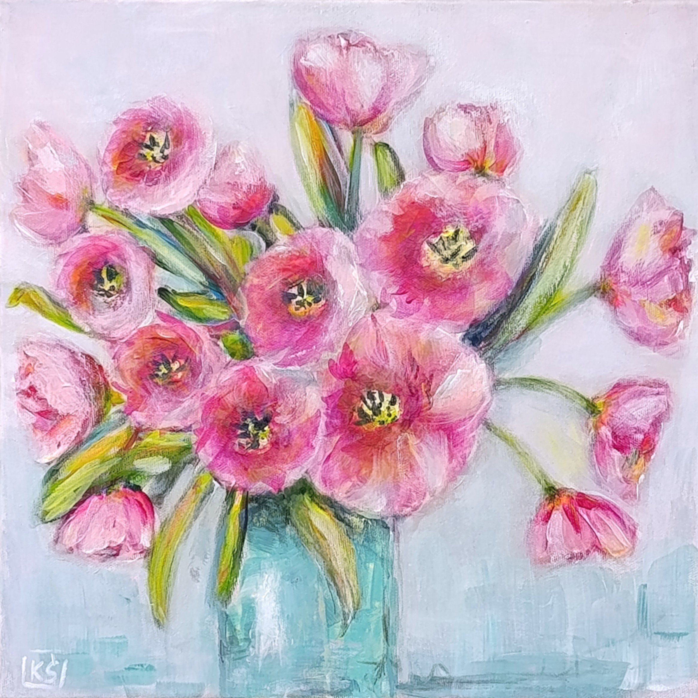 Original abstract pink tulips painting titled Pink Tulips by Kasia Ślusarczyk