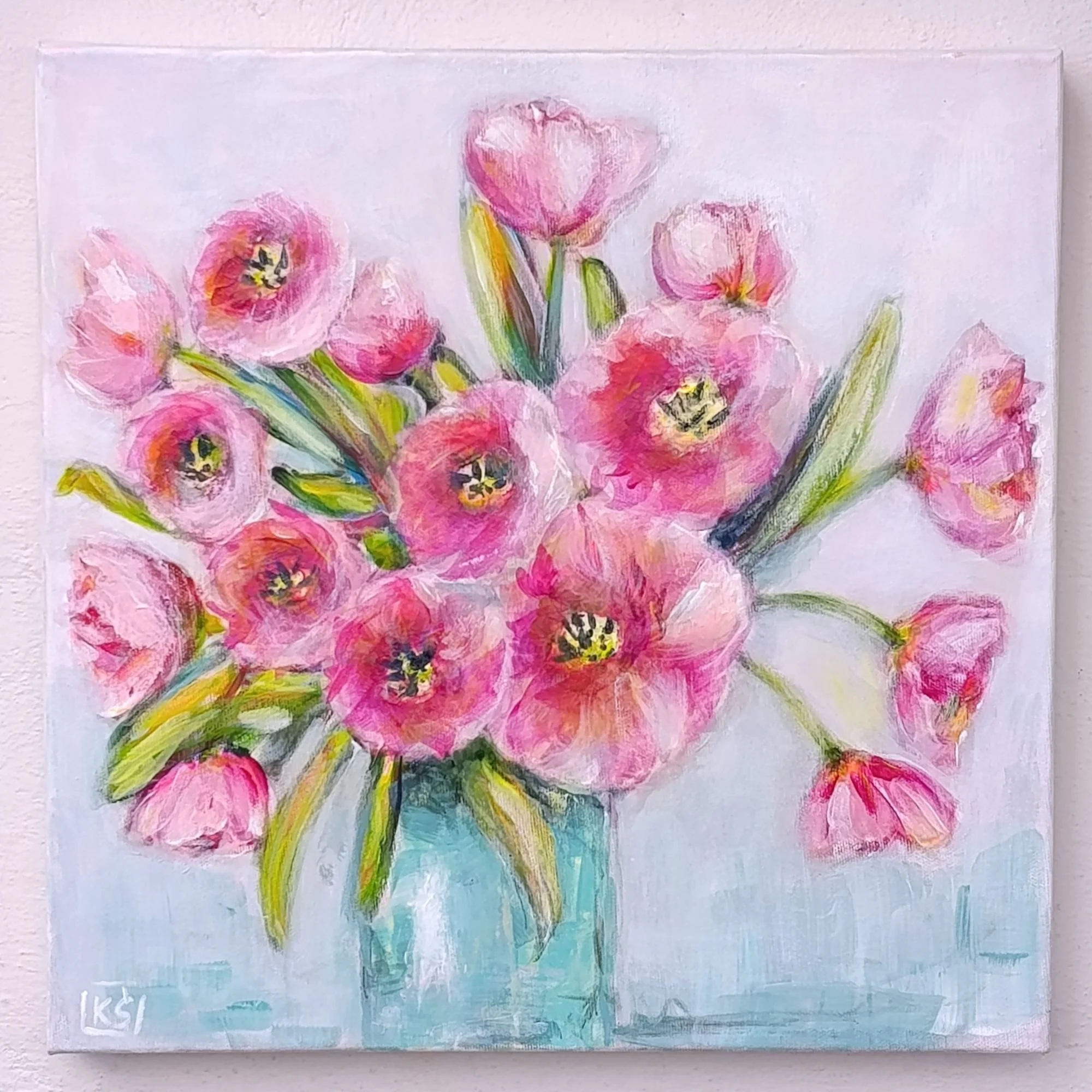 Pink tulips in a turquoise vase original canvas wall art