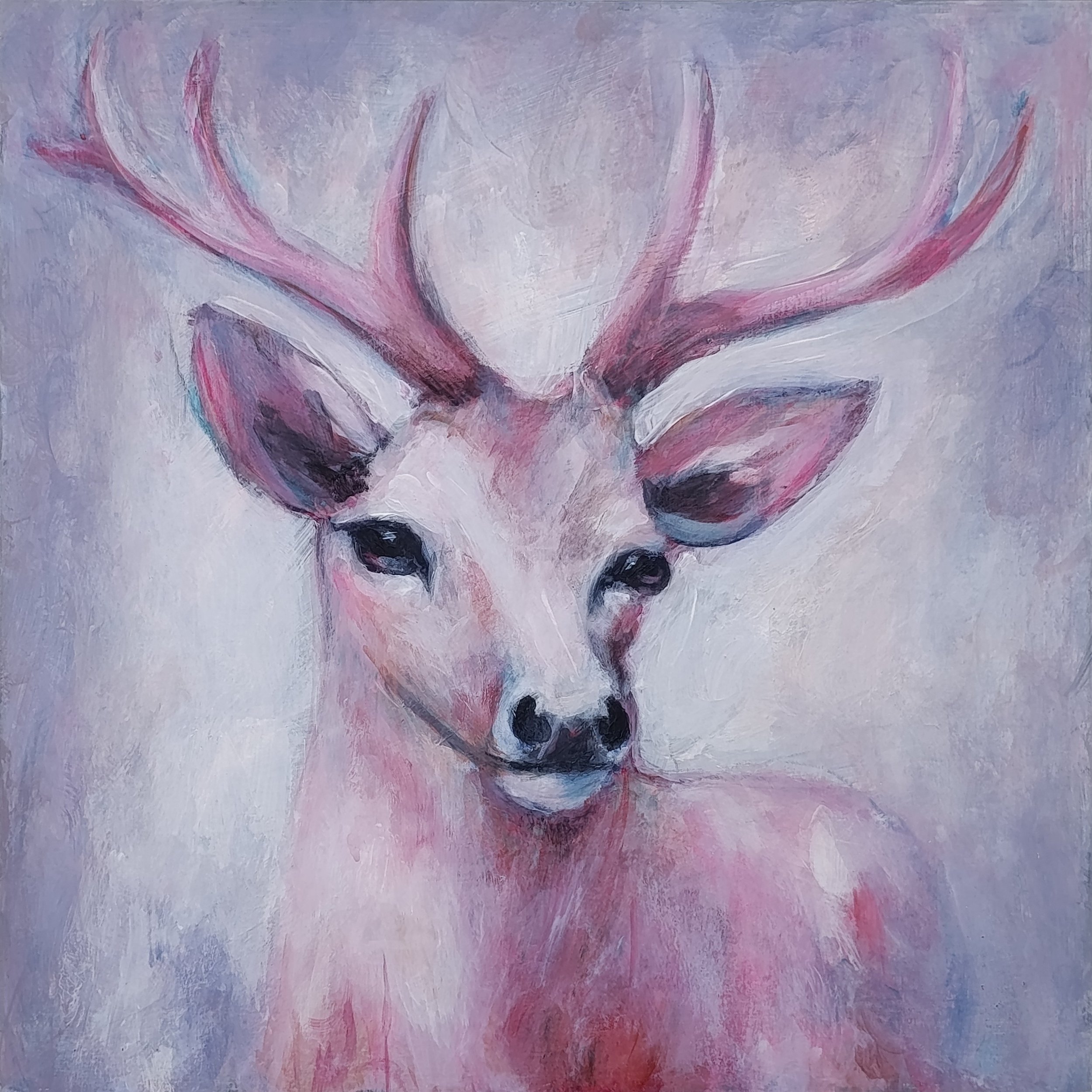 An abstract painting of a deer with pink antlers and a white face, set against a pastel purple and pink background.