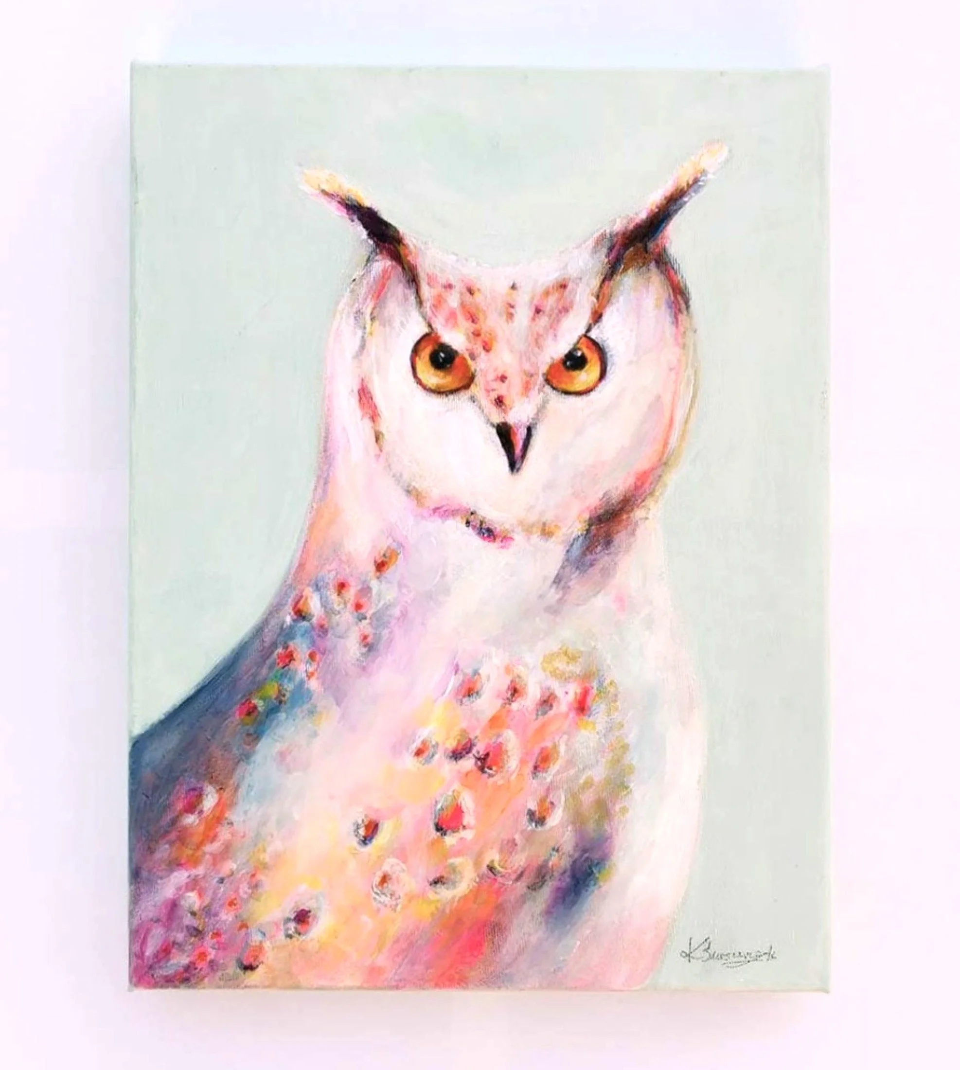 Unique original acrylic owl artwork in pink and muted tones