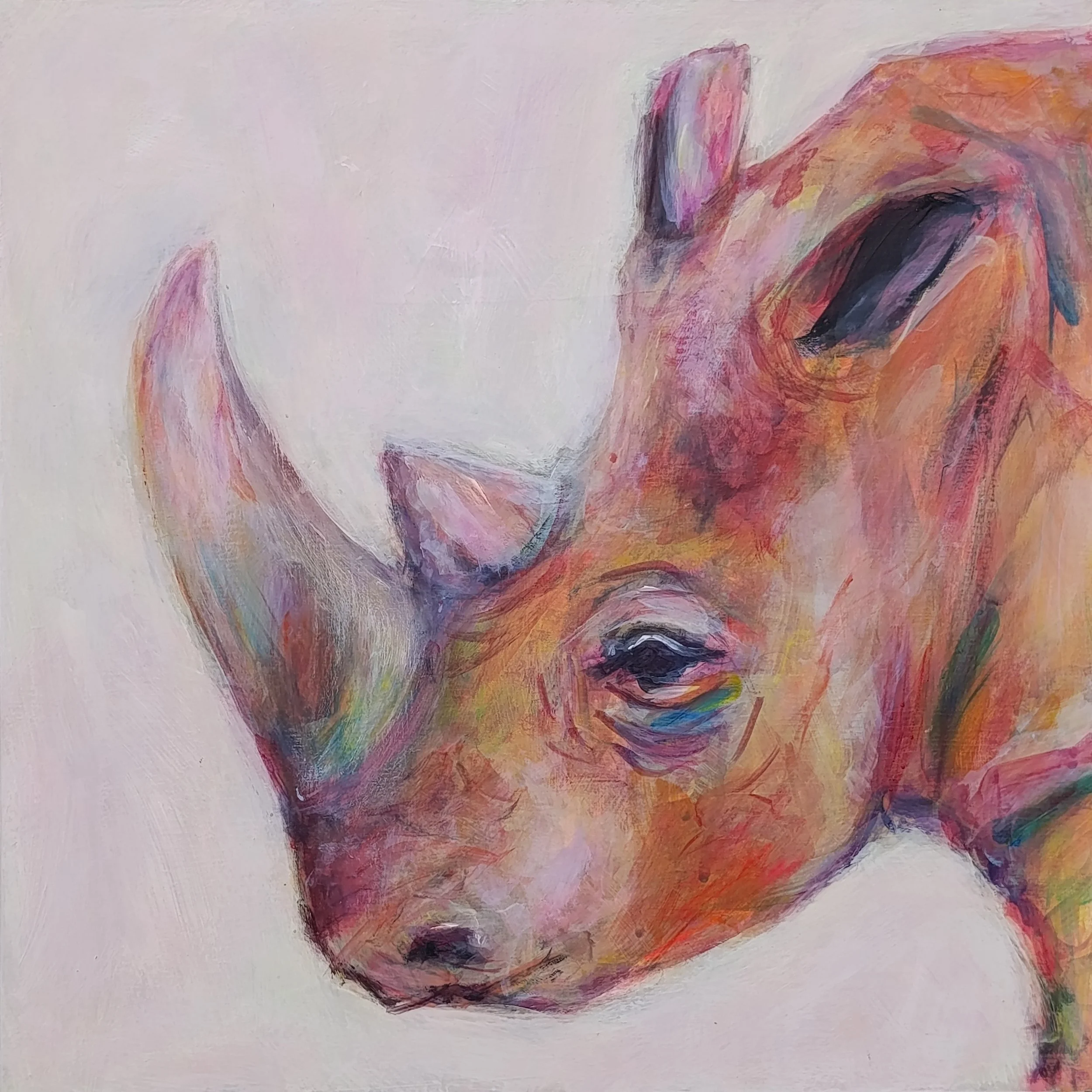 A colorful abstract painting of a horse's face, created with bold brush strokes and a vibrant palette of pinks, oranges, purples, and greens, against a light background.