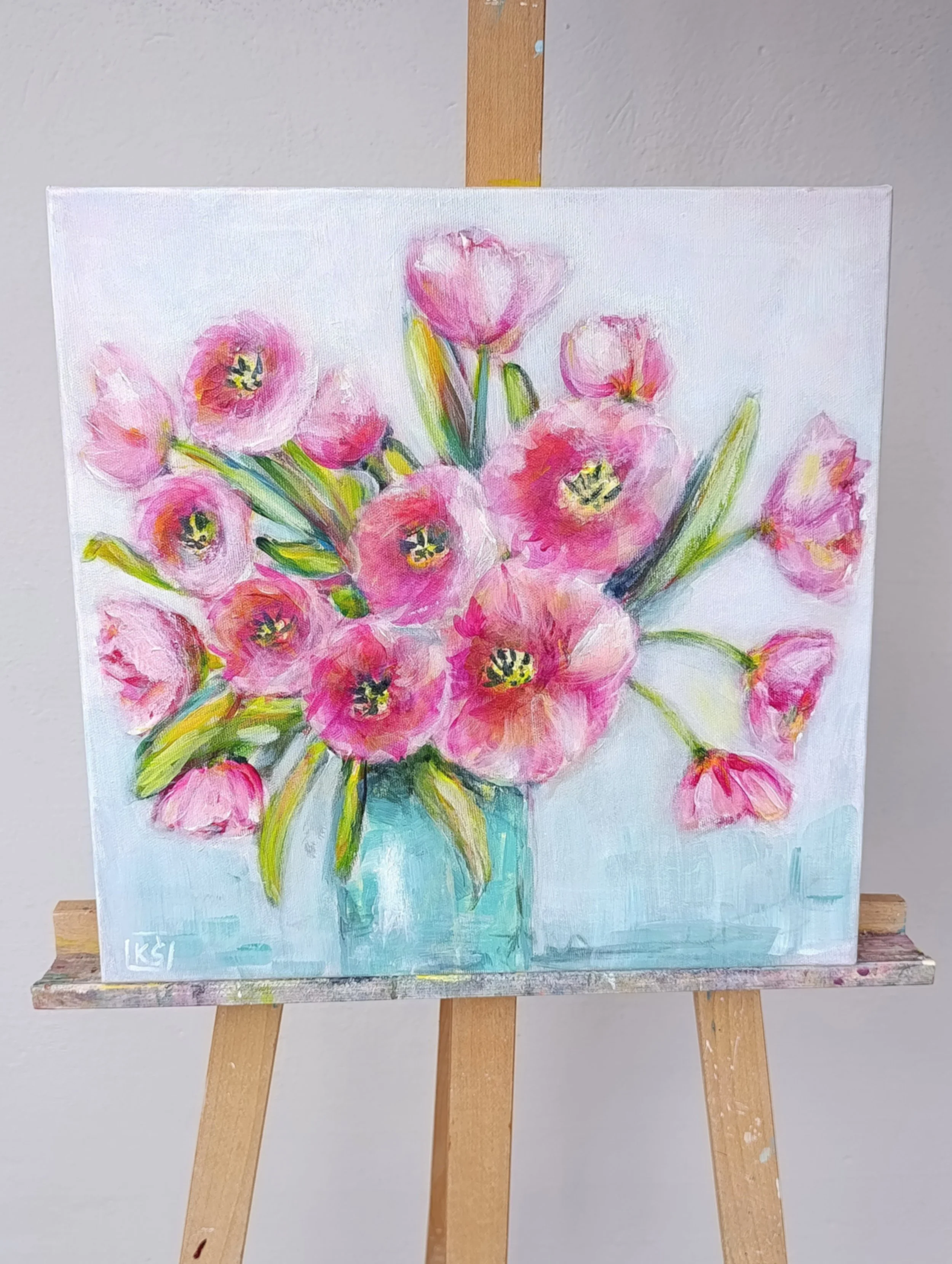 Modern abstract pink tulips painting displayed on a wall