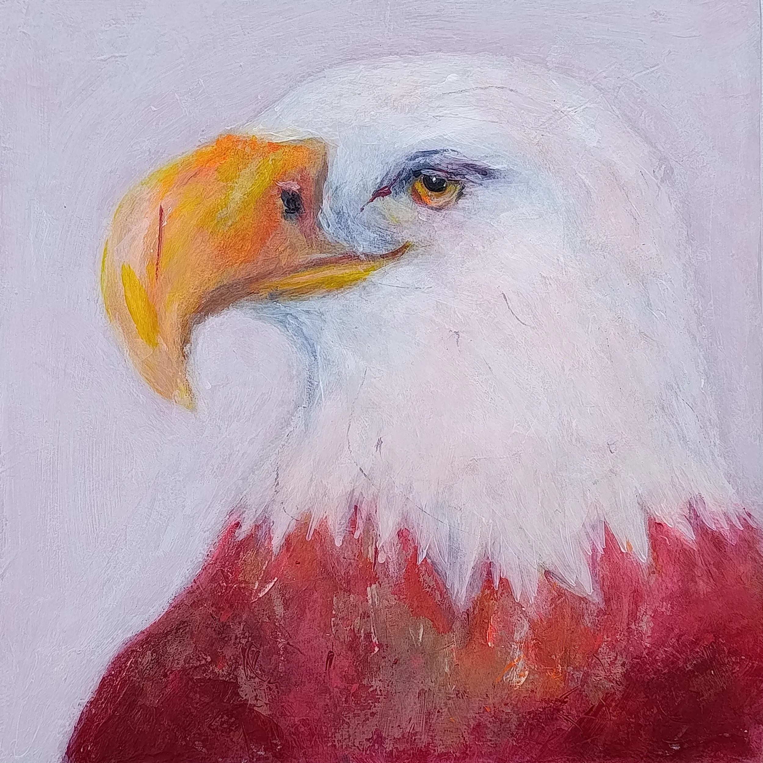 An abstract painting of Eagel with a gradient of colors from white at the top to deep red at the bottom, with textured brushstrokes.