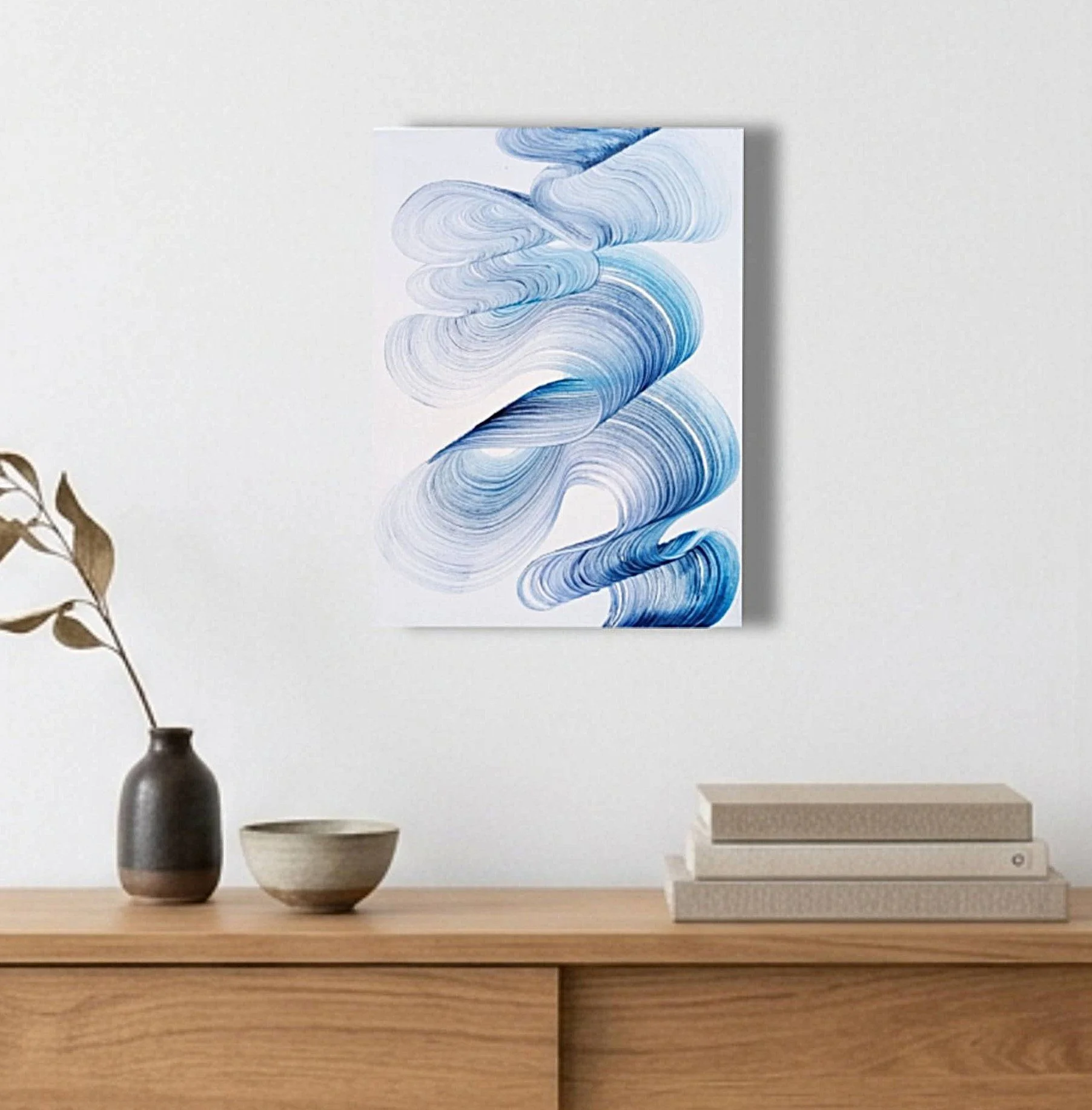 Hand-painted blue ribbon wave abstract painting on canvas, Waves of Love No. 3 by Kasia Ślusarczyk