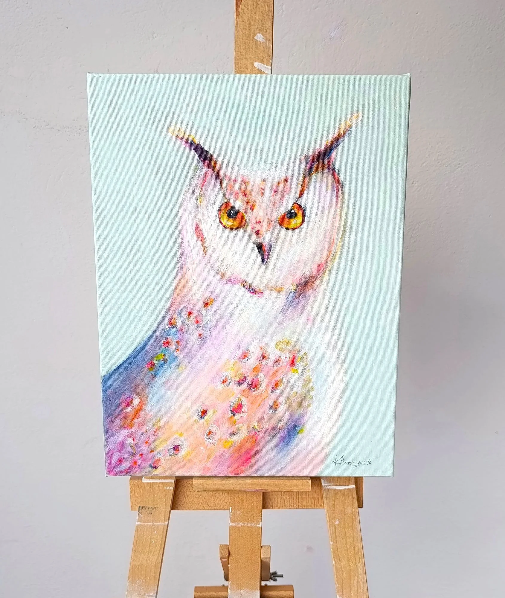 Abstract colorful owl art detail showing acrylic texture