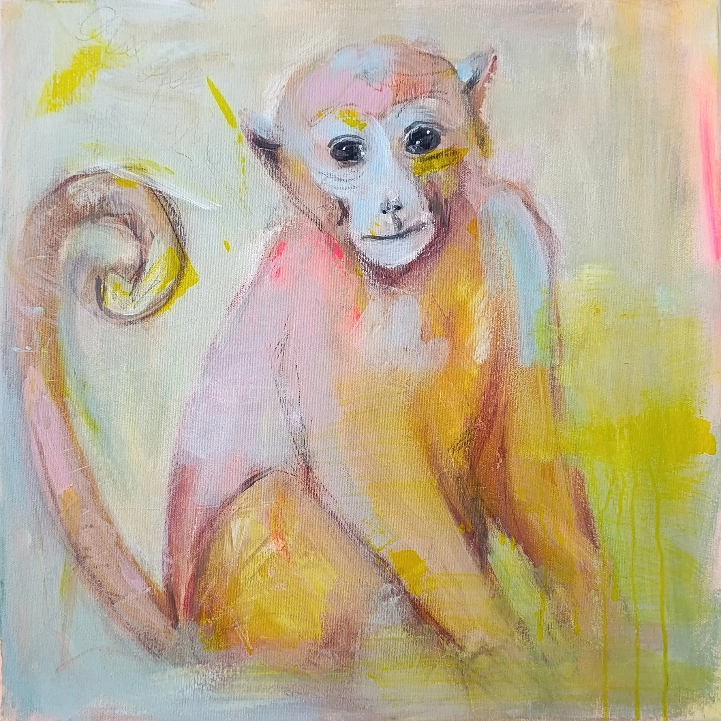 Colorful painting of a monkey with large dark eyes, surrounded by yellow and pink hues.