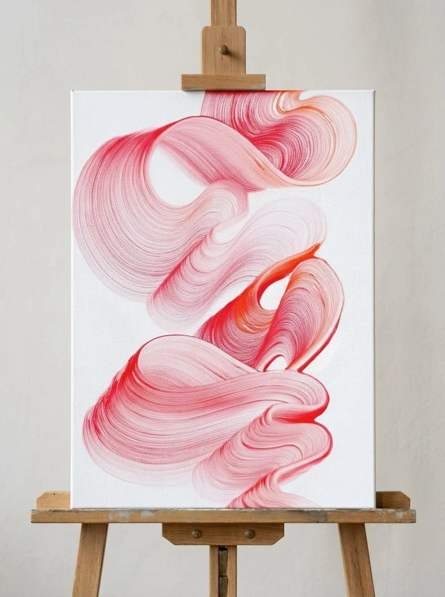 Minimalist red wave abstract painting framed on wall, modern contemporary canvas art Waves of Love