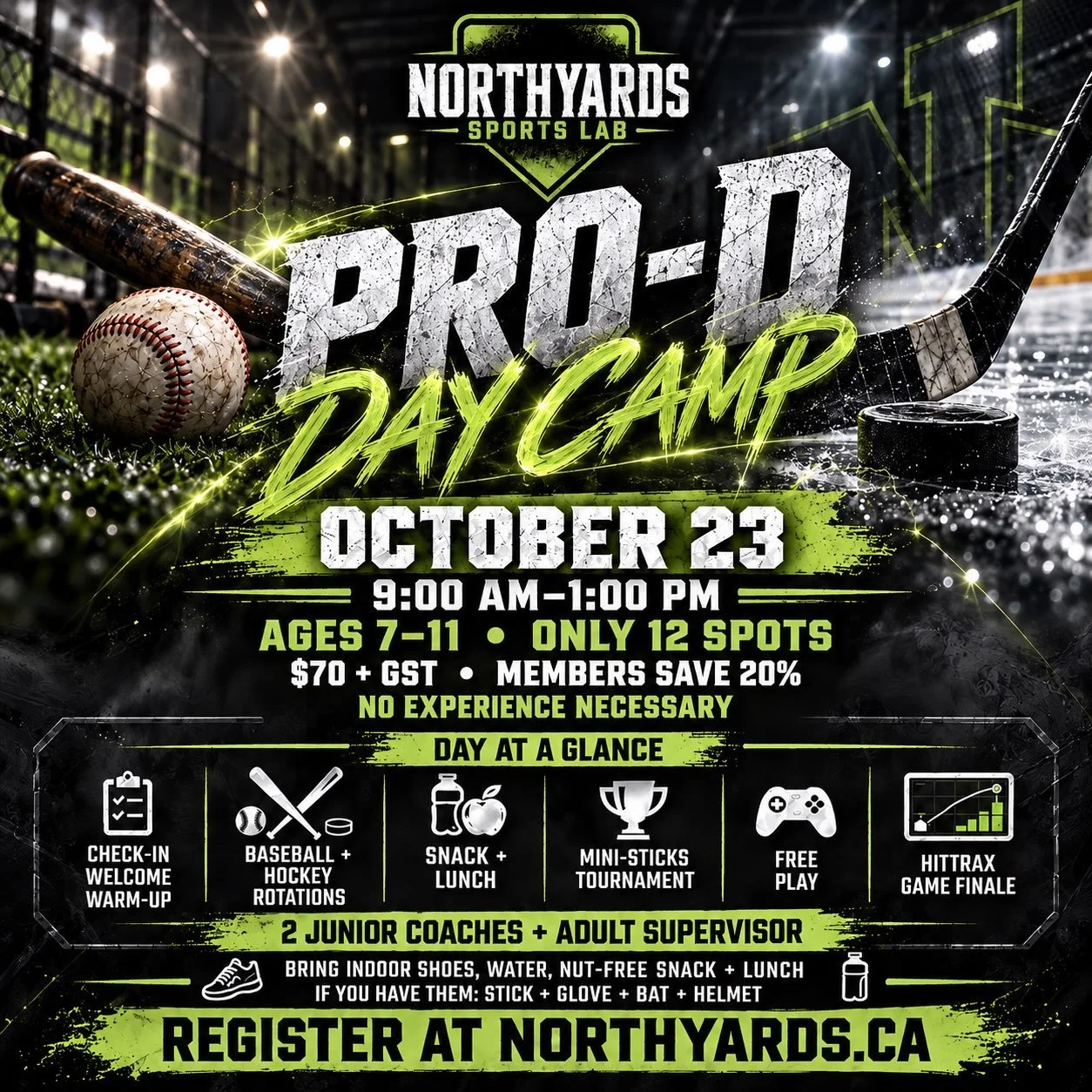 Our first-ever Pro D Day Camp is coming to Northyards! ⚾️🏒

We&rsquo;re making the day off school one to look forward to, with a mix of sports, skill-building and fun for boys and girls ages 7&ndash;11. No experience is needed.

Kids will rotate bet