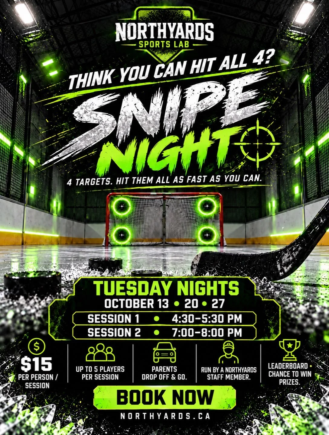 🎯 SNIPE NIGHT IS ON!

Think you can hit all 4 targets as fast as you can? Join us Tuesday, October 13, 20 or 27.

Choose your session:
&bull; Session 1: 4:30&ndash;5:30 PM
&bull; Session 2: 7:00&ndash;8:00 PM

$15 per person, per session. Invite a f
